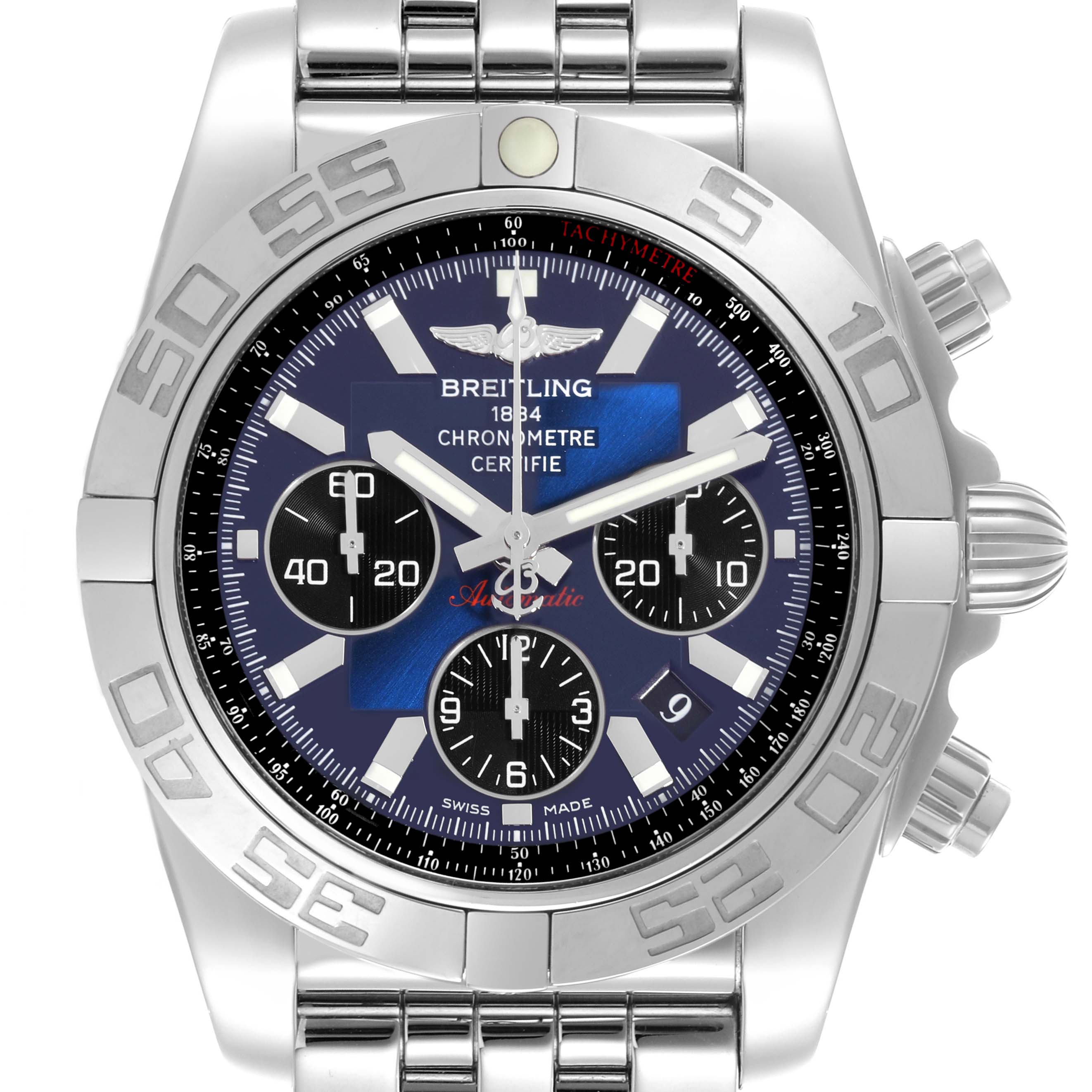The image shows a Breitling Chronomat AB0110/A011C89PA Men's Stainless Steel Blue Dial AB0110/A011C89PA Men's Stainless Steel Blue Dial watch from a front angle, highlighting the dial, bezel, and bracelet.