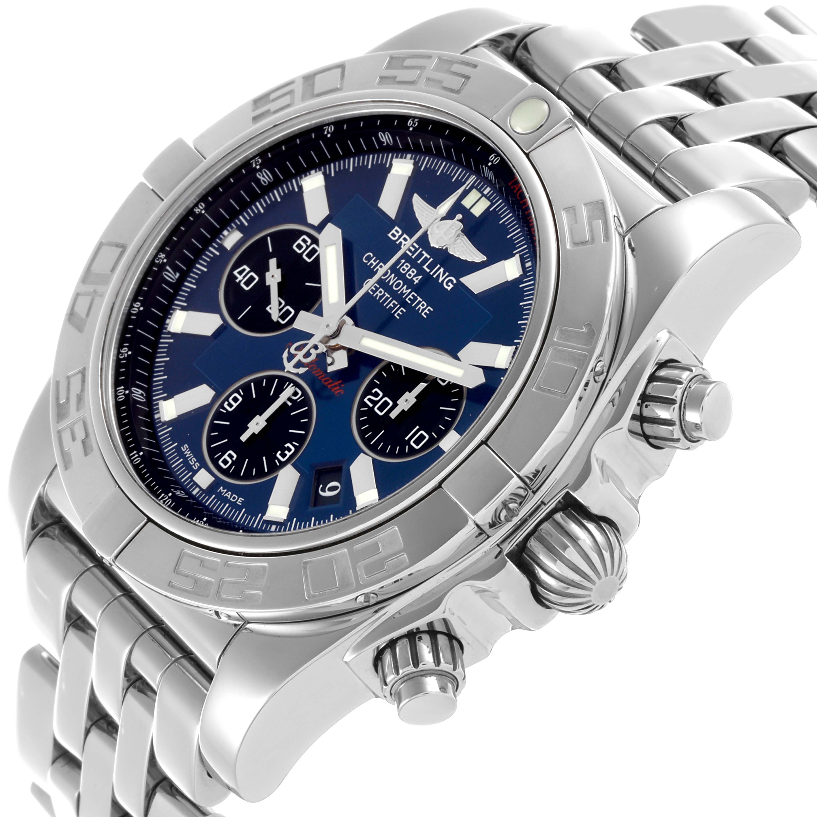 The Breitling Chronomat AB0110/A011C89PA Men's Stainless Steel Blue Dial AB0110/A011C89PA Men's Stainless Steel Blue Dial watch is shown at an angled close-up, highlighting the dial, bezel, pushers, and bracelet.