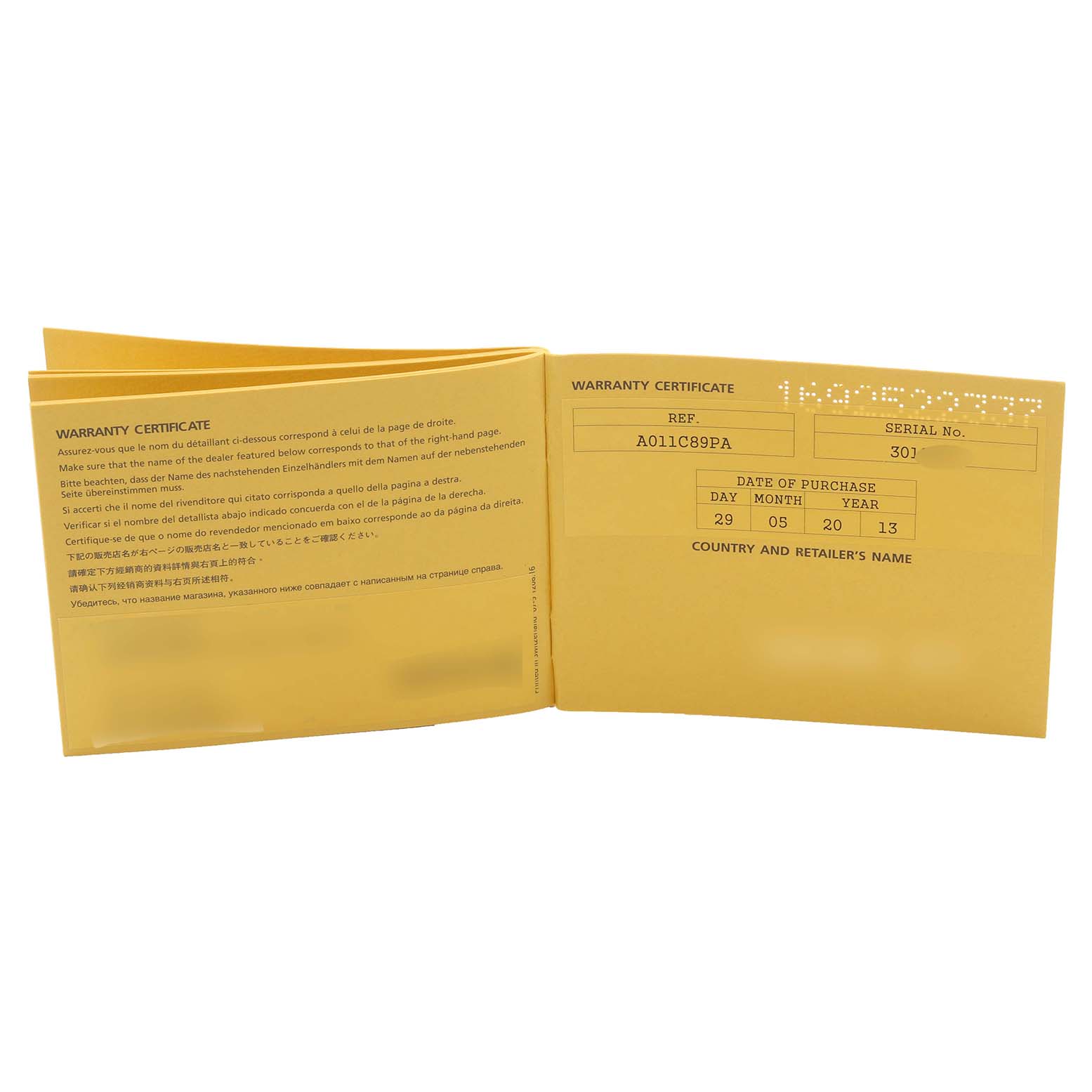 The image shows a warranty certificate booklet for a Breitling Chronomat AB0110/A011C89PA Men's Stainless Steel Blue Dial AB0110/A011C89PA Men's Stainless Steel Blue Dial watch, open to display details.