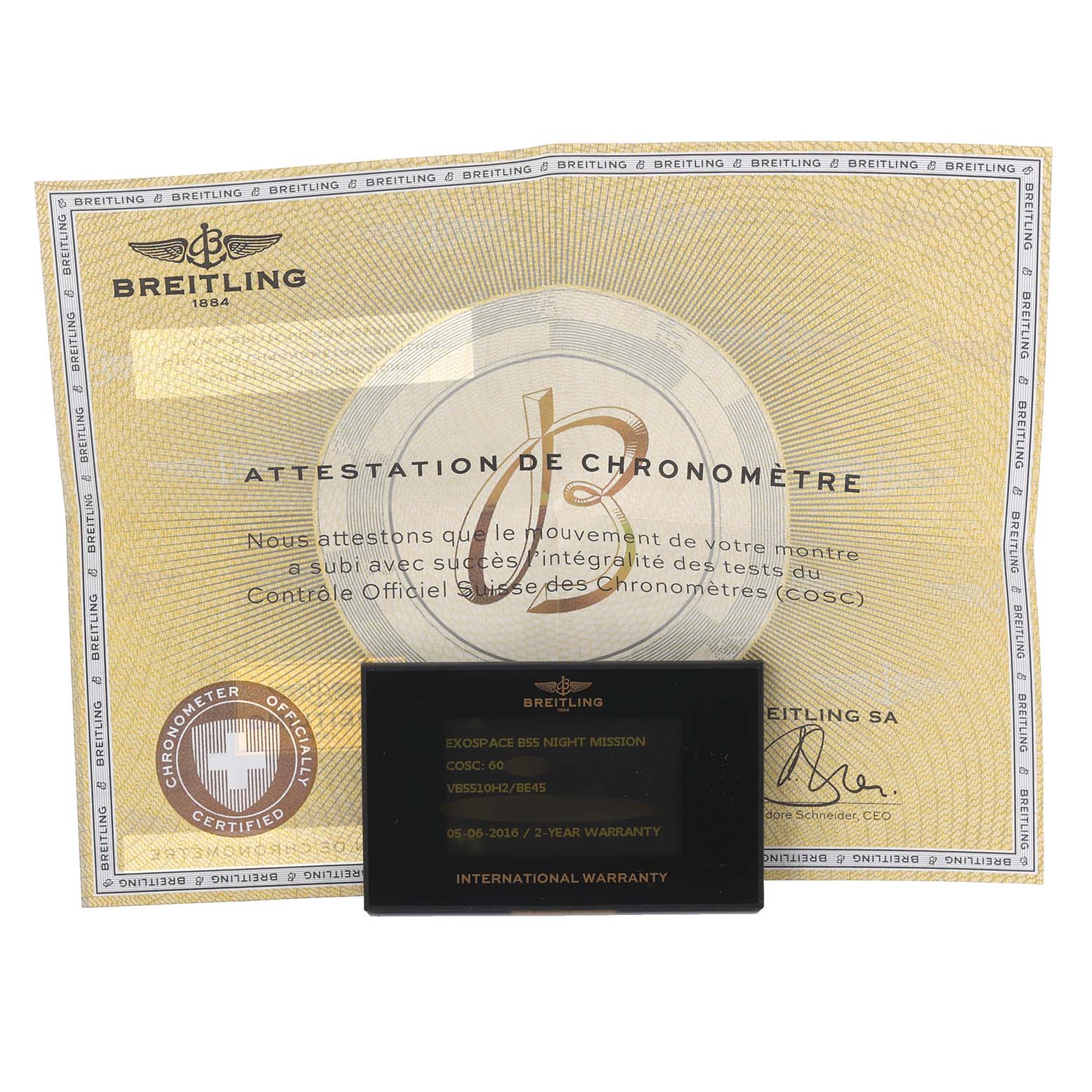 The image shows a Breitling Professional Series VB5510 Men's Titanium Black Dial VB5510 Men's Titanium Black Dial certificate and warranty card from a frontal angle.