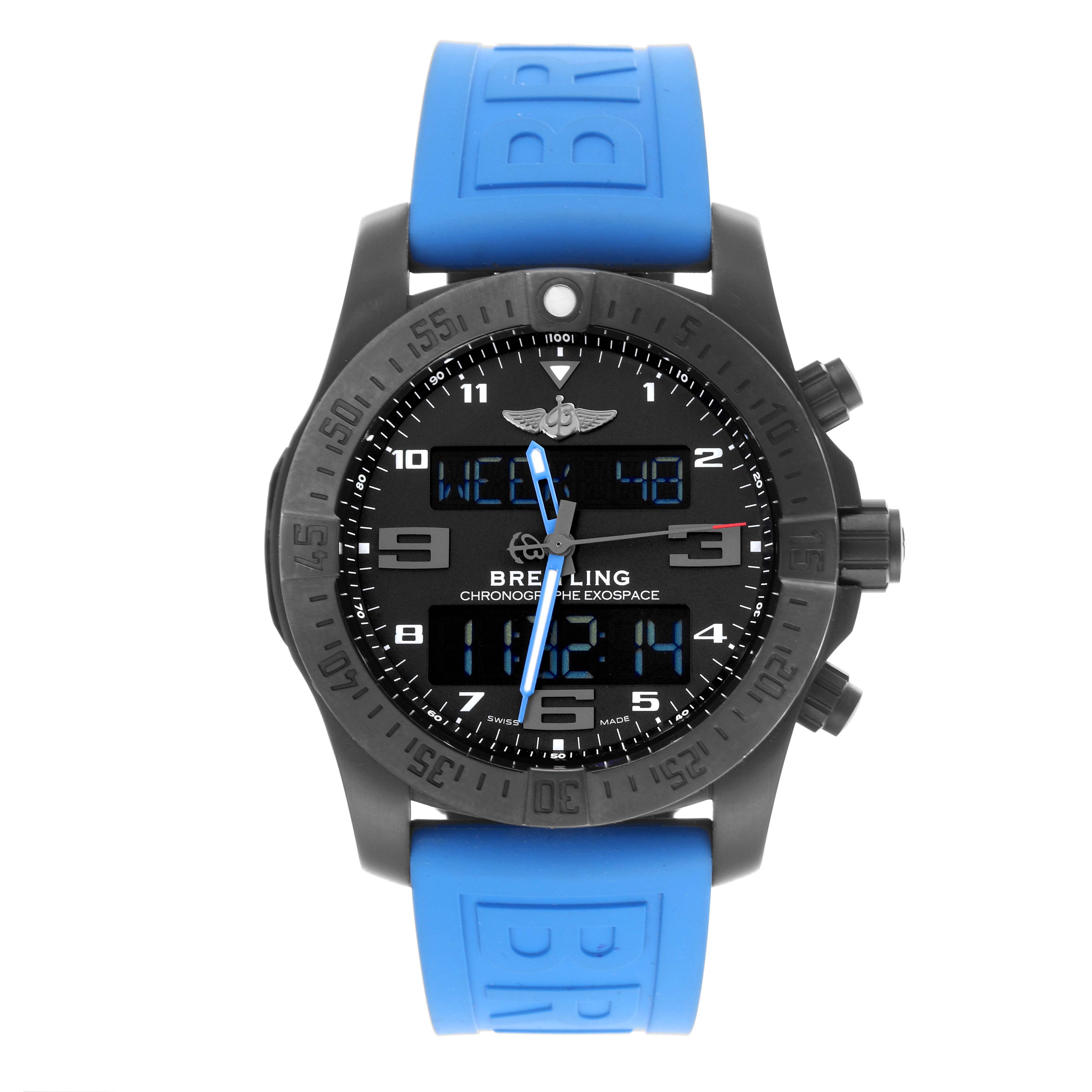 The Breitling Professional Series VB5510 Men's Titanium Black Dial VB5510 Men's Titanium Black Dial watch is shown from the front, displaying its face, bezel, and blue strap.