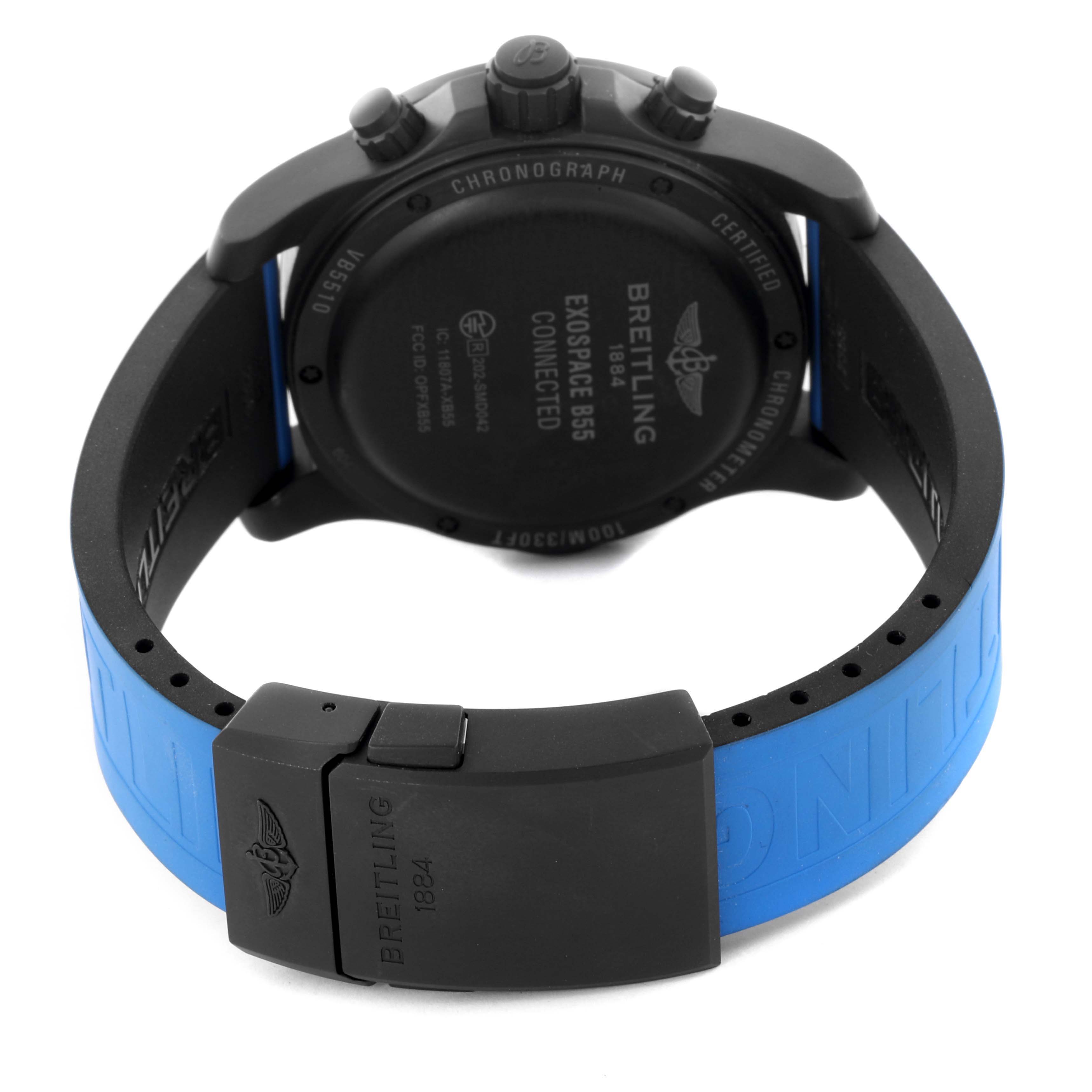 The image shows the back and clasp of a Breitling Professional Series VB5510 Men's Titanium Black Dial VB5510 Men's Titanium Black Dial Exospace B55 with a black case and blue strap.