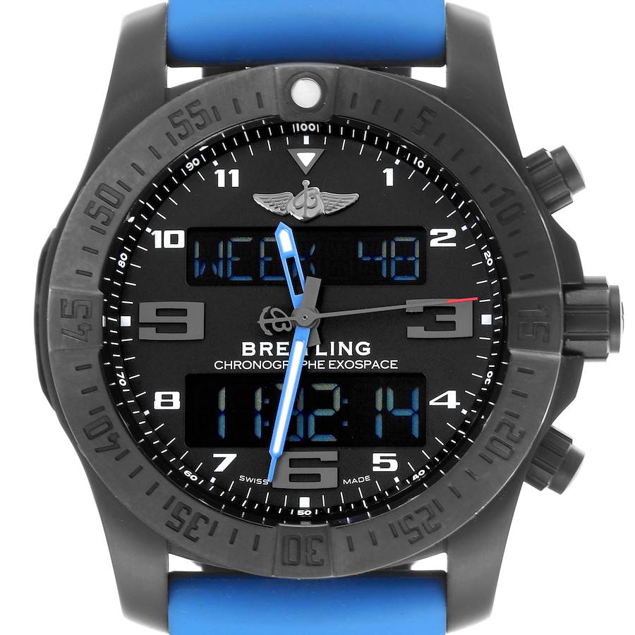 The Breitling Professional Series watch is shown from a front angle, highlighting its face, pushers, and blue strap.