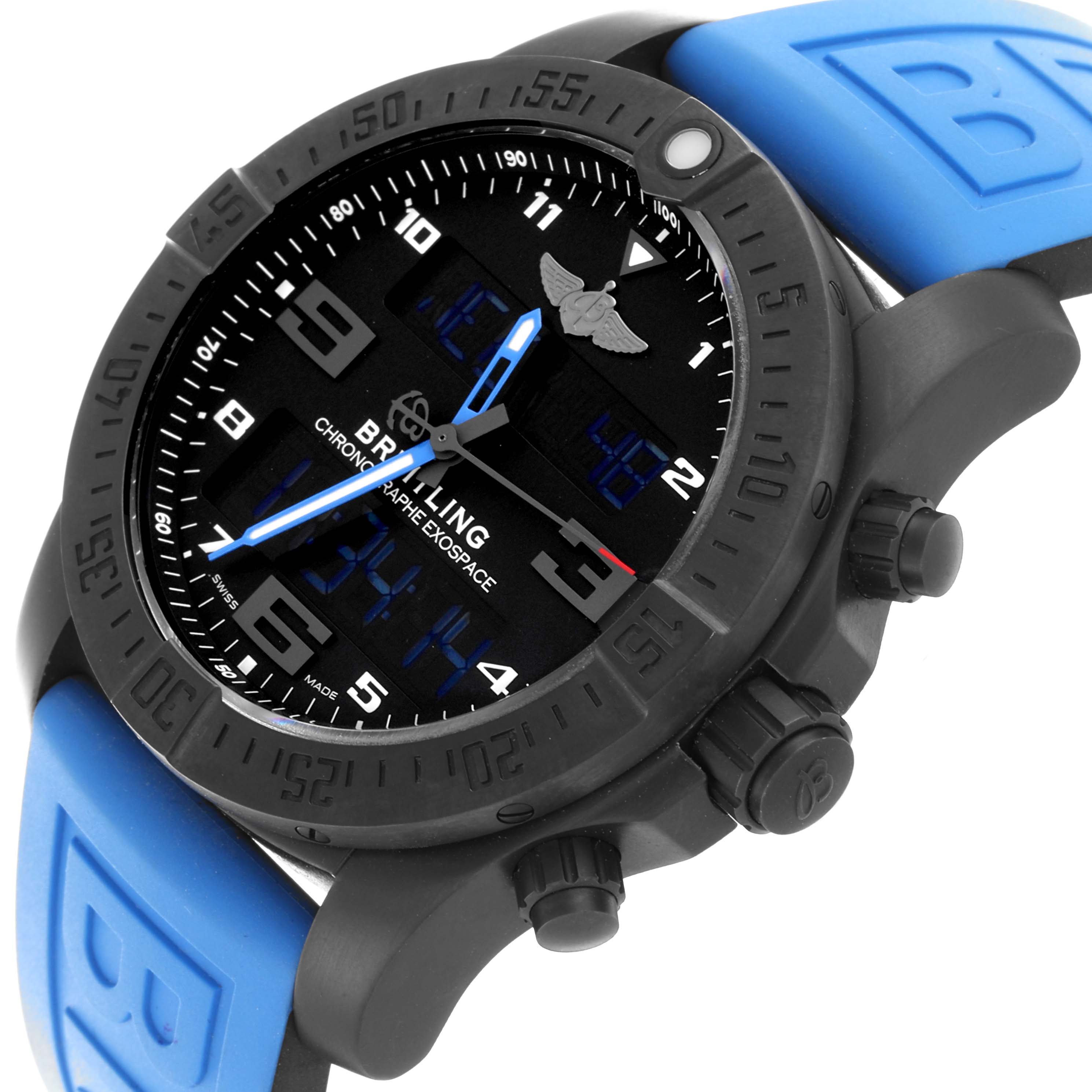 The Breitling Professional Series VB5510 Men's Titanium Black Dial VB5510 Men's Titanium Black Dial watch is shown at a side angle, highlighting the face, bezel, and blue strap.