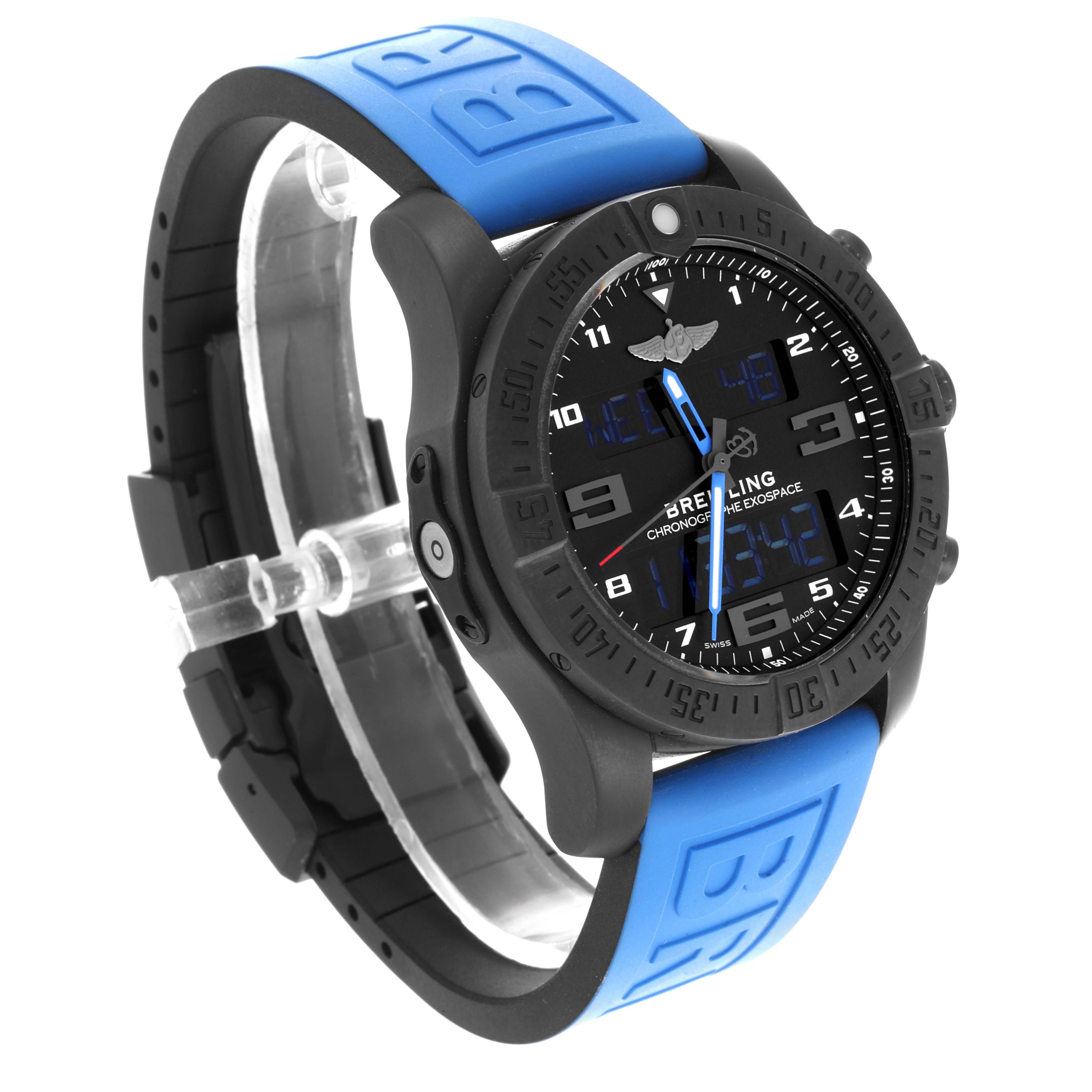 The angle shows the Breitling Professional Series VB5510 Men's Titanium Black Dial VB5510 Men's Titanium Black Dial watch from a three-quarter view, highlighting the bezel, face, and blue strap.