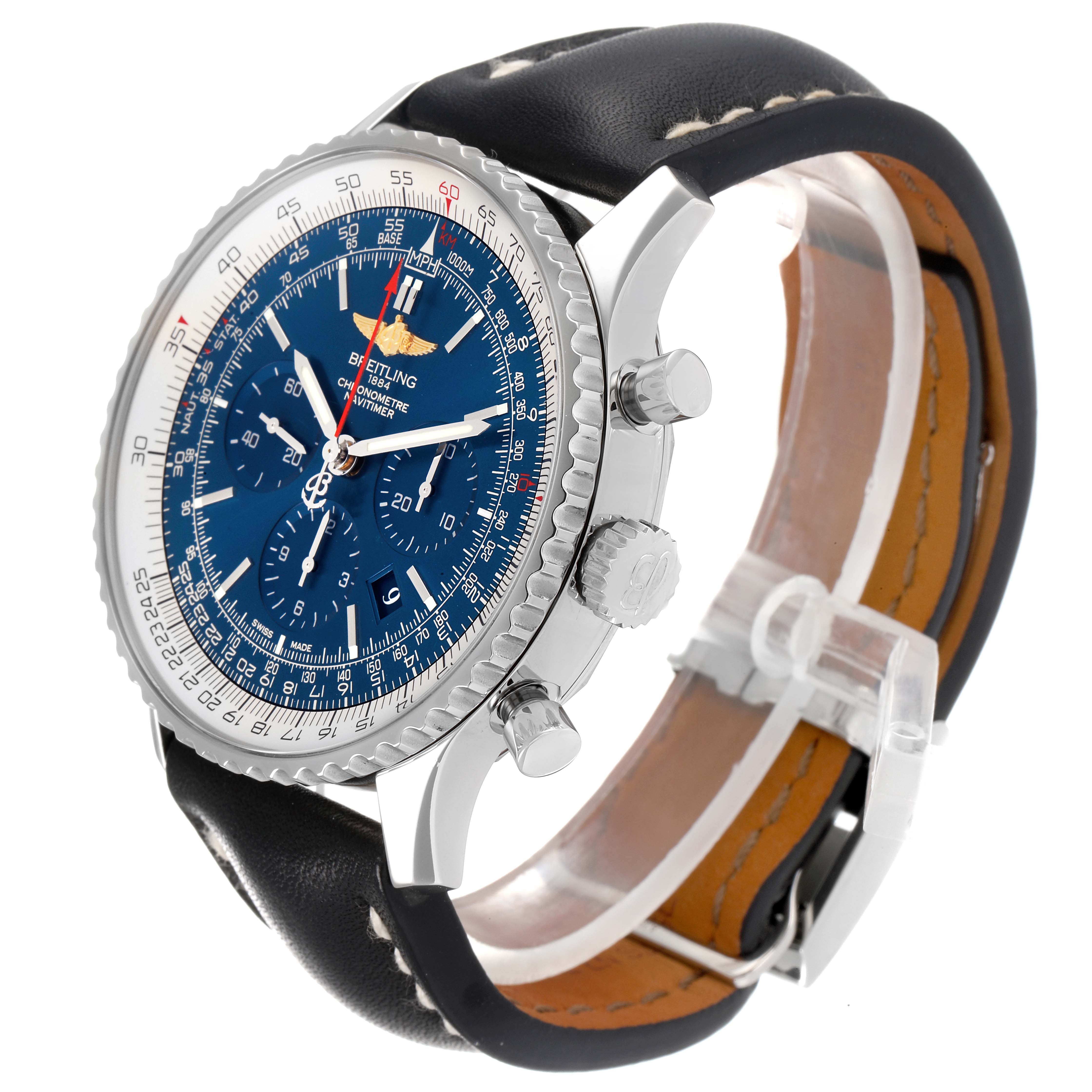 The image shows a side and slightly angled view of a Breitling Navitimer AB01274A/CA14 Men's Stainless Steel Blue Dial AB01274A/CA14 Men's Stainless Steel Blue Dial watch, showcasing its dial, bezel, pushers, and leather strap.
