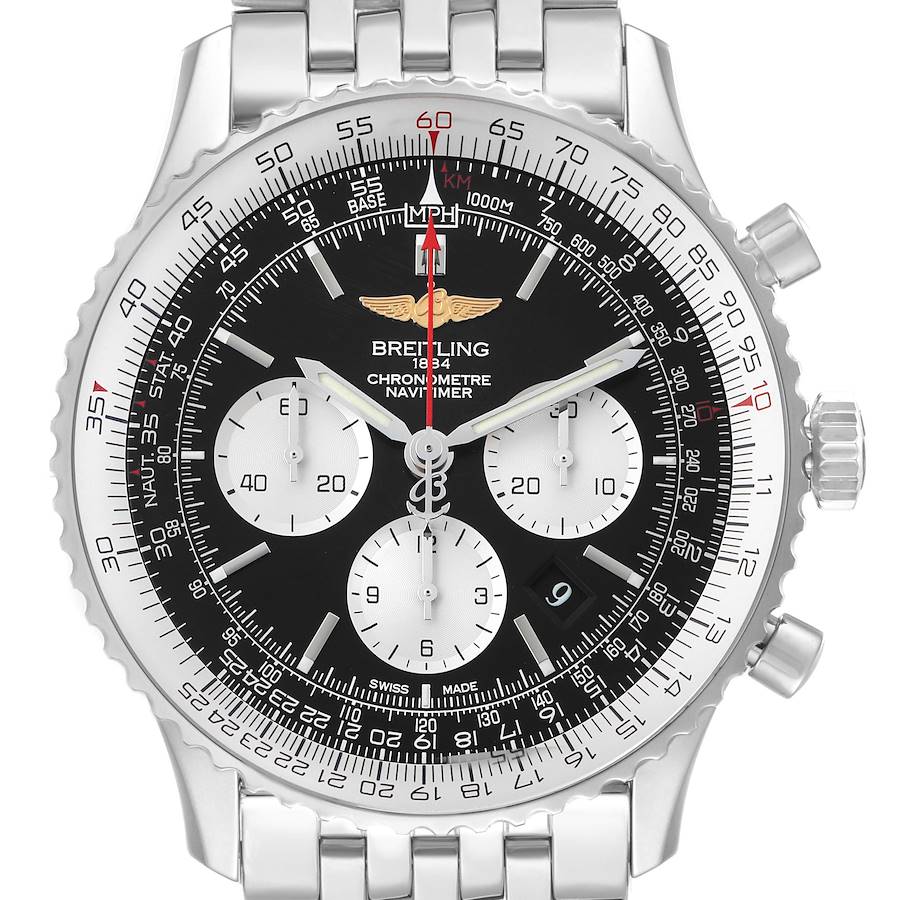 The Breitling Navitimer AB0127 Men's Stainless Steel Black Dial watch is shown from a top-down angle, highlighting its dial, bezel, and two pushers.