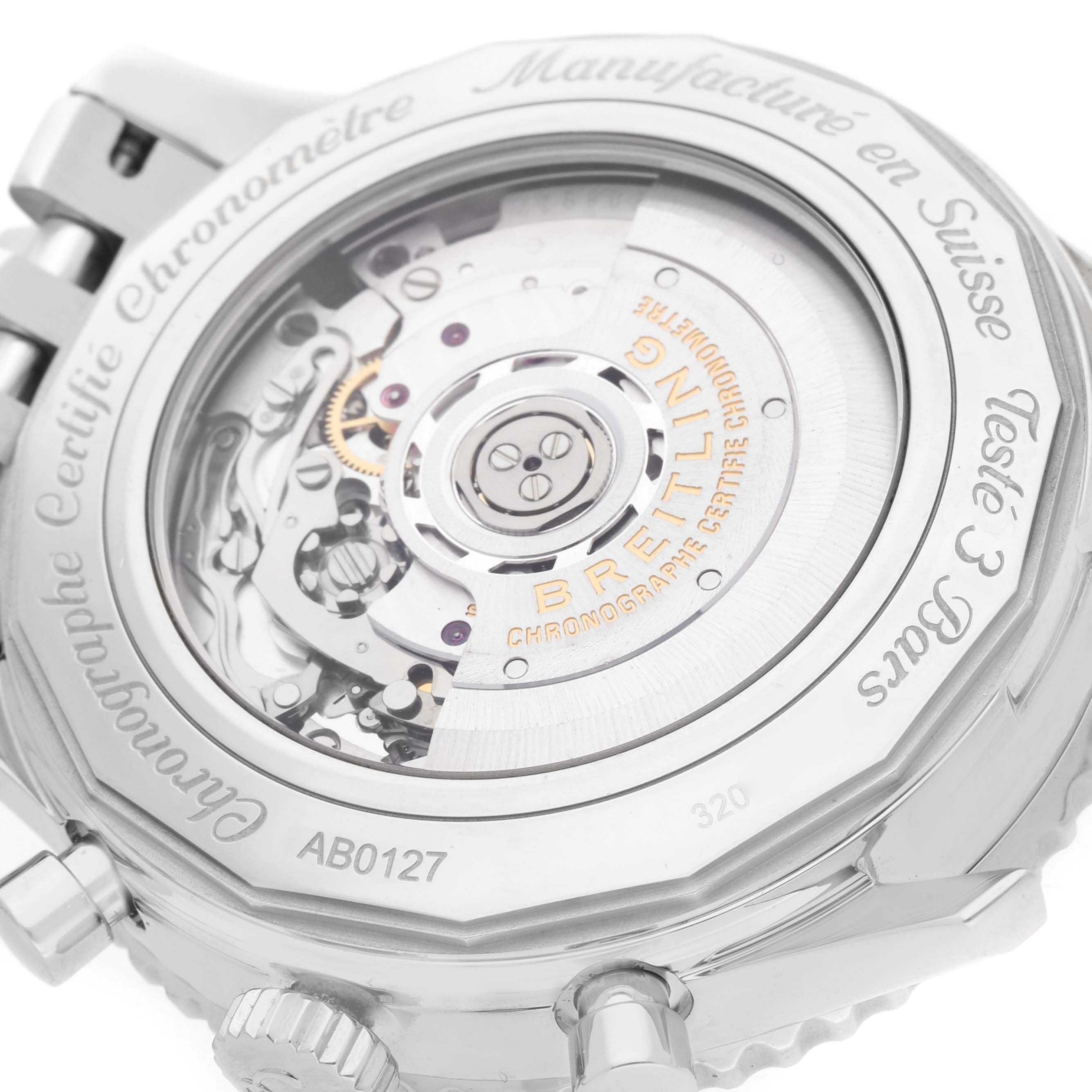 The image shows the back view of a Breitling Navitimer AB0127 Men's Stainless Steel Black Dial watch, highlighting its open caseback with visible mechanical movement.