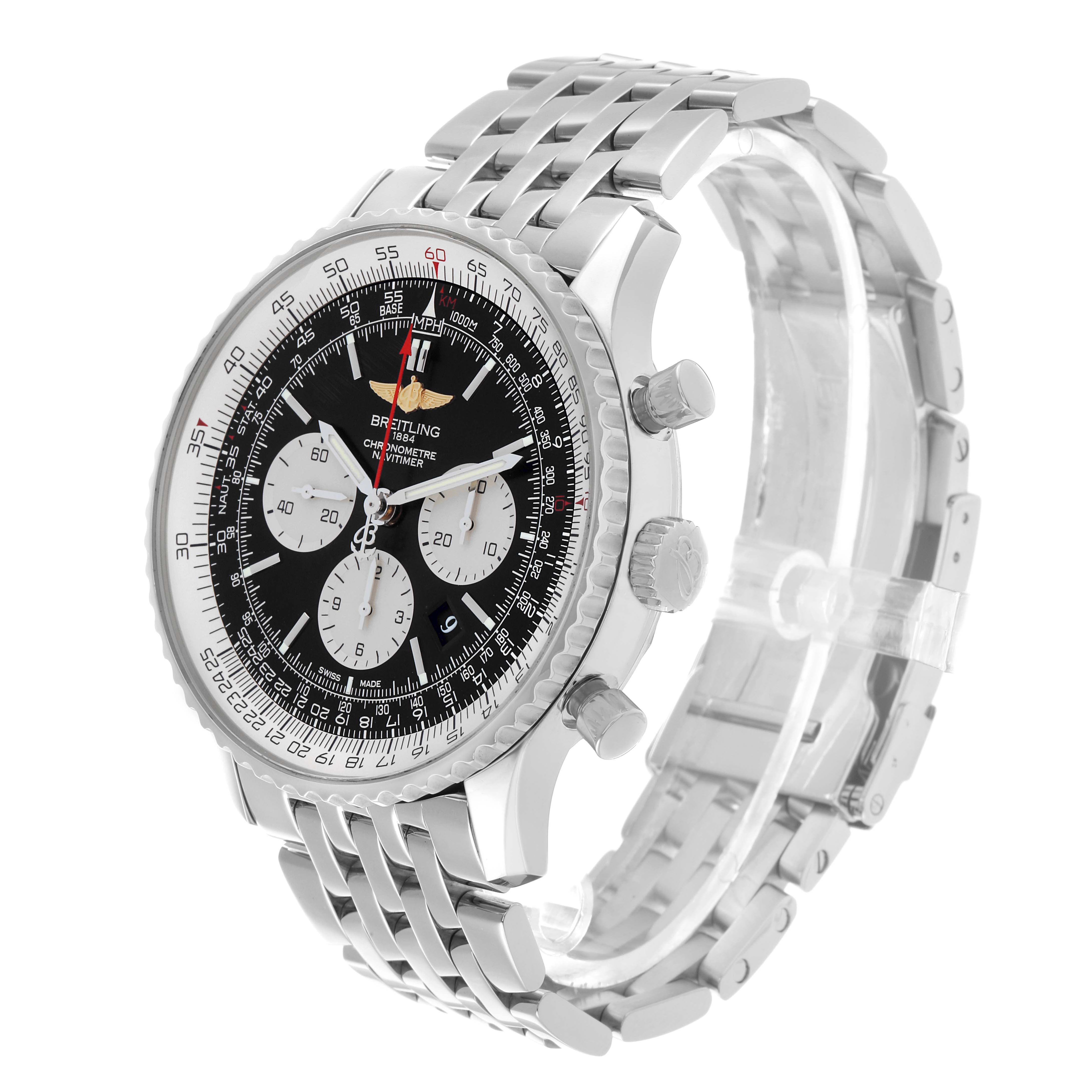 The Breitling Navitimer AB0127 Men's Stainless Steel Black Dial watch is shown at a three-quarter angle, displaying the face, bezel, crown, and stainless steel bracelet.
