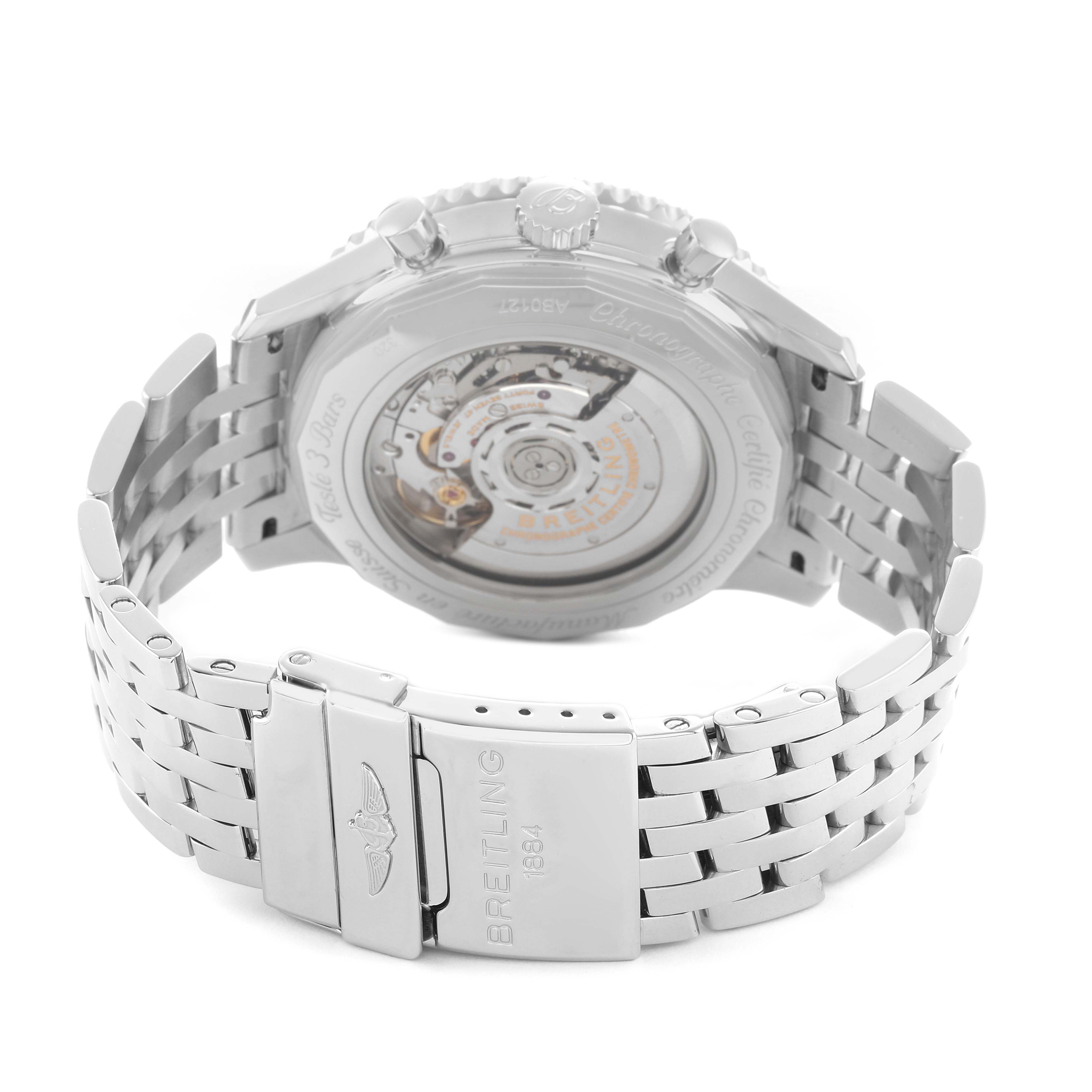 The image shows the back view of a Breitling Navitimer AB0127 Men's Stainless Steel Black Dial, displaying its open case back and metal bracelet.