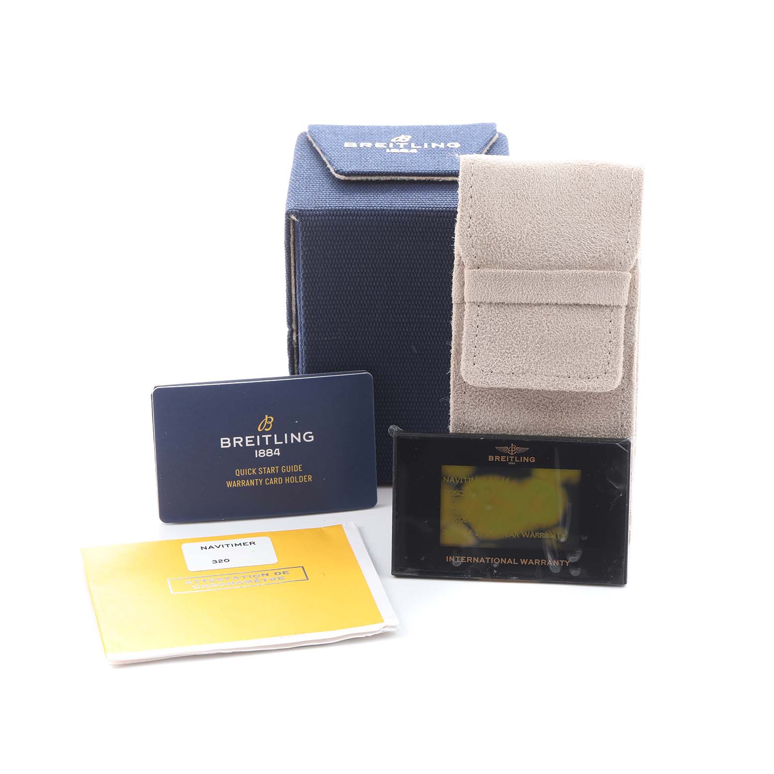 The image shows a Breitling Navitimer AB0127 Men's Stainless Steel Black Dial watch box, leather pouch, warranty card holder, and instruction manual.