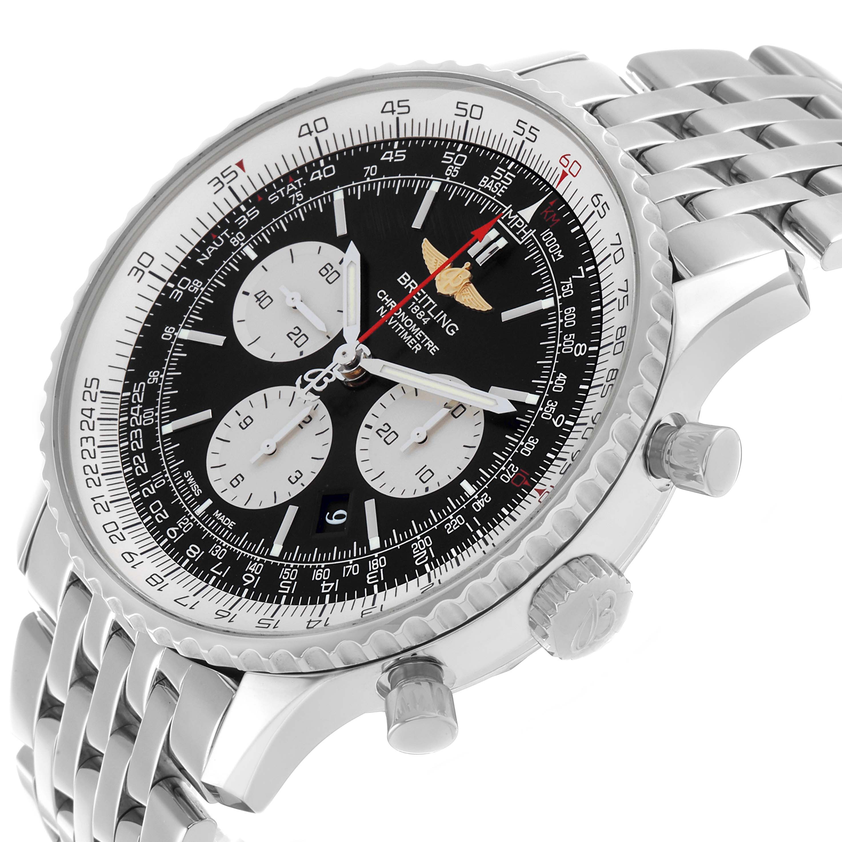 The Breitling Navitimer AB0127 Men's Stainless Steel Black Dial watch is shown from a three-quarter angle, highlighting the face, bezel, crown, and bracelet.