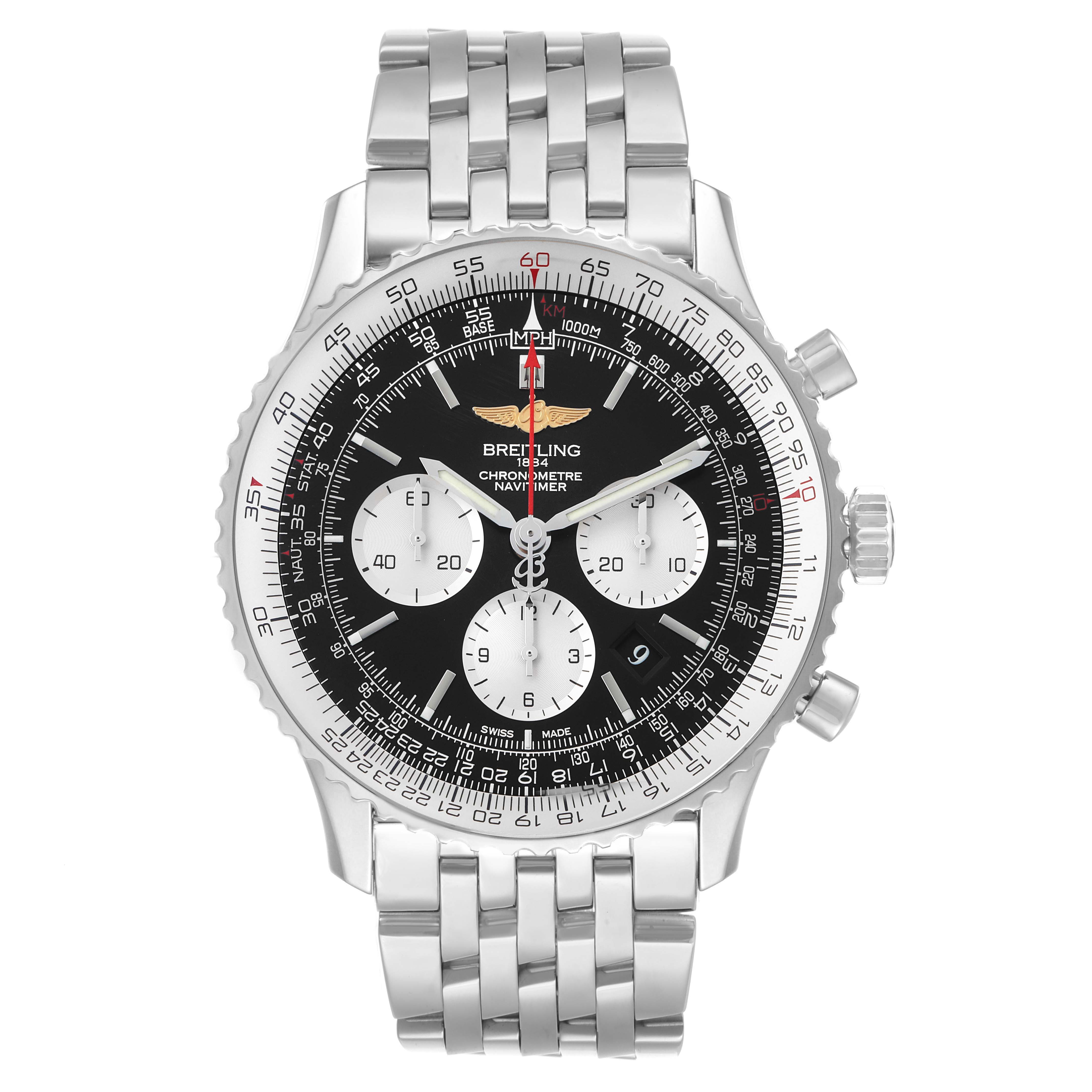 The Breitling Navitimer AB0127 Men's Stainless Steel Black Dial is shown from a front view, displaying the dial, bezel, chronograph subdials, and stainless steel bracelet.
