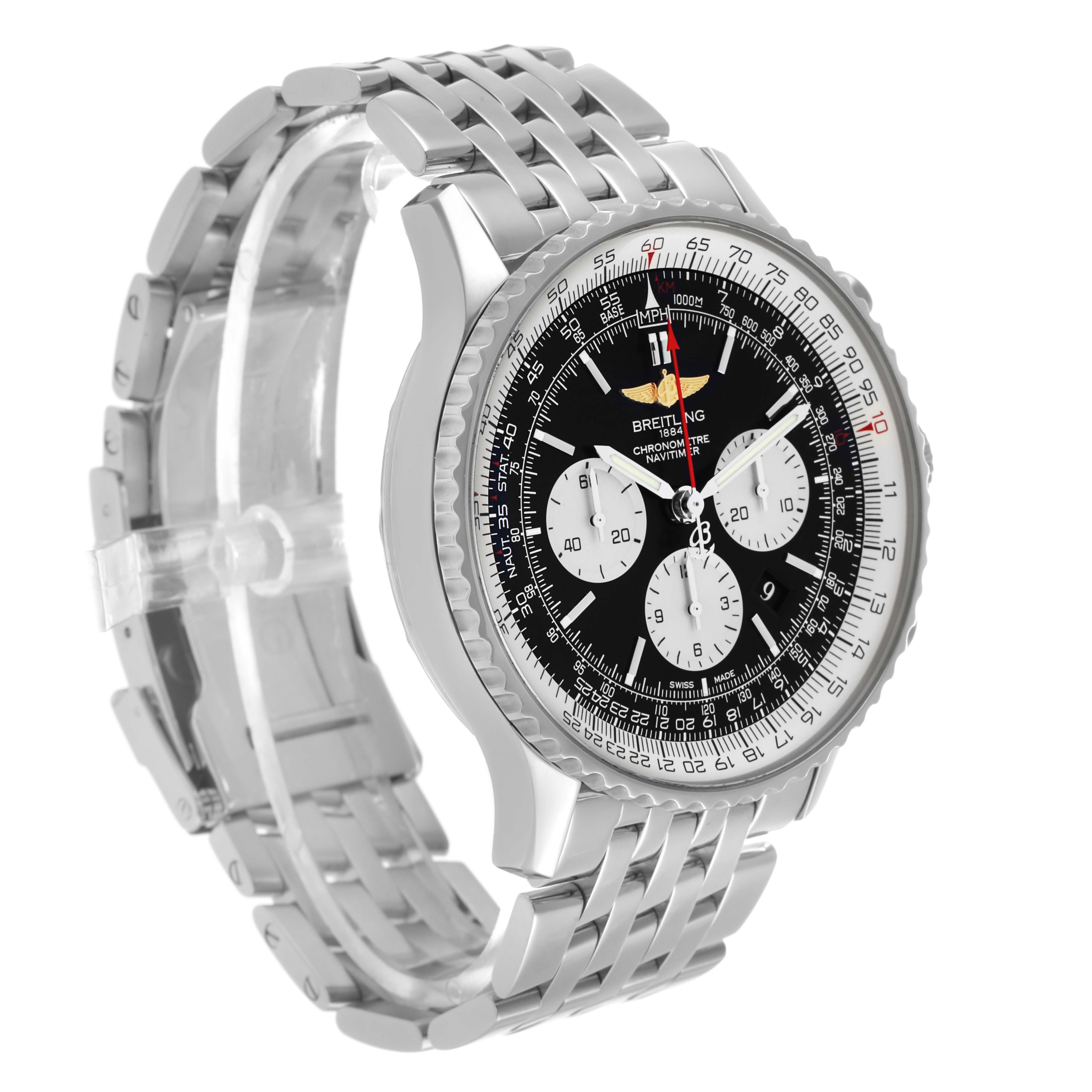 The Breitling Navitimer AB0127 Men's Stainless Steel Black Dial watch is shown at a three-quarter angle, displaying the face, bezel, and stainless steel bracelet.