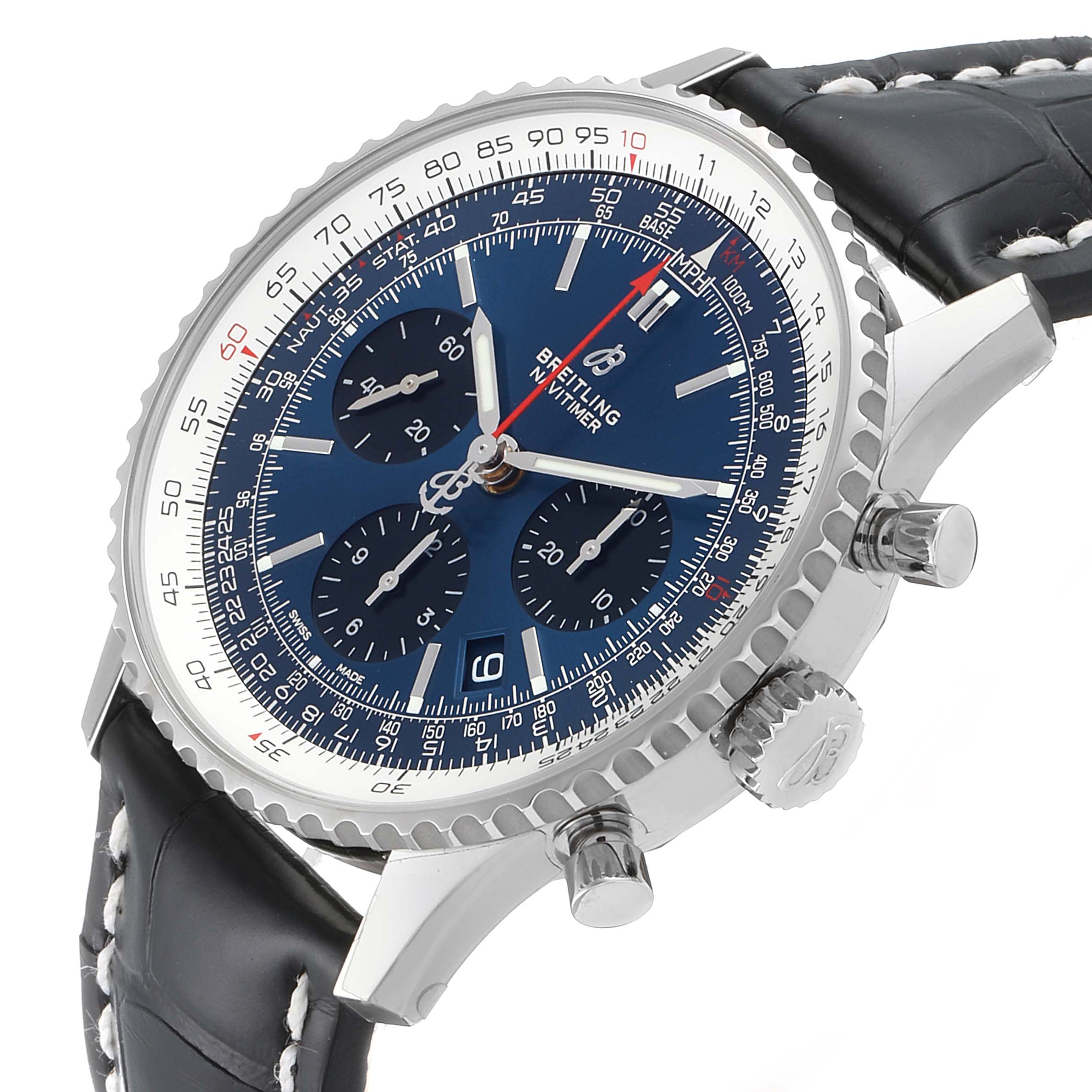 The image shows a Breitling Navitimer AB0121C4-C920-731P Men's Stainless Steel Blue Dial AB0121C4-C920-731P Men's Stainless Steel Blue Dial watch at a slight angle, highlighting the face, bezel, crown, and pushers.