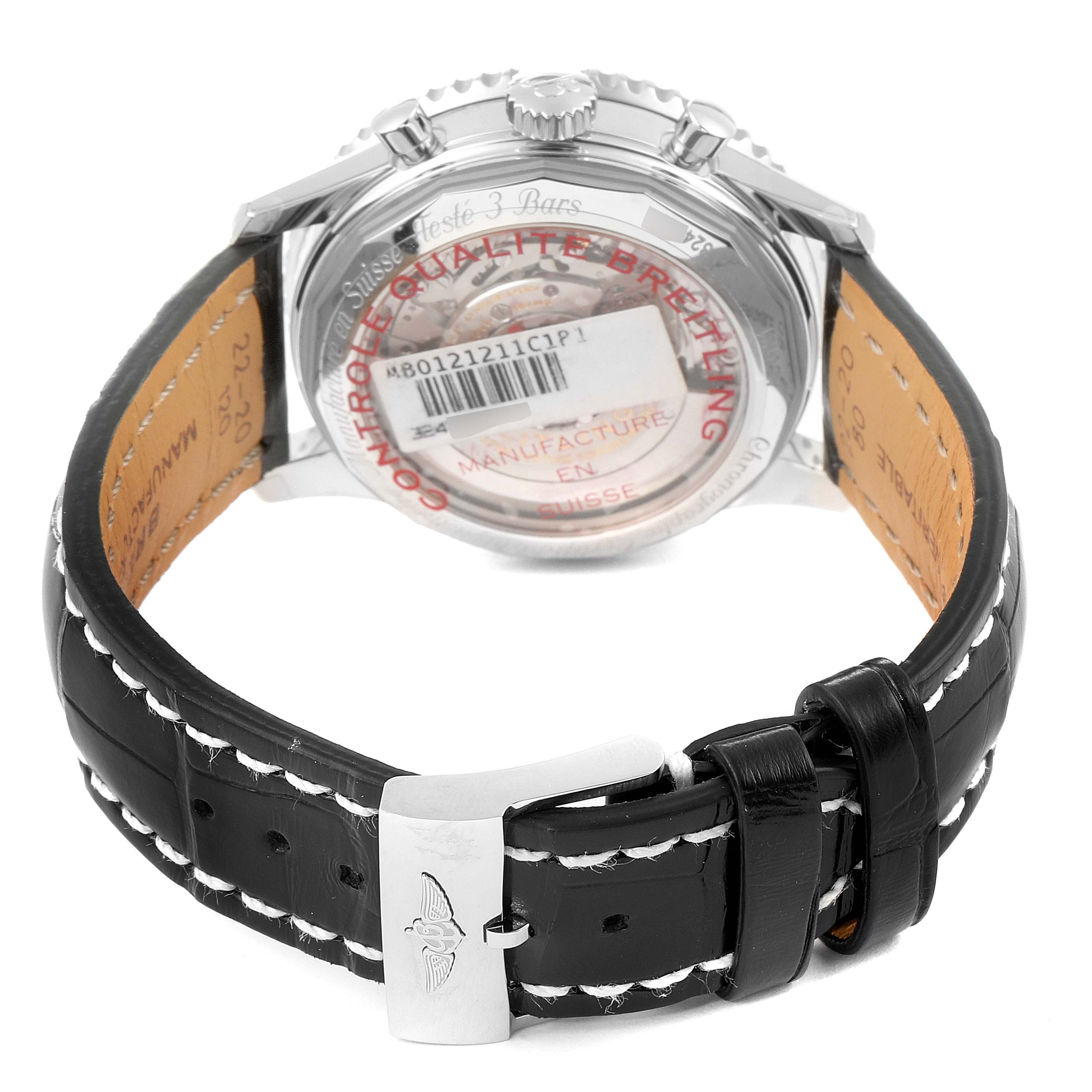 This image shows the back view of a Breitling Navitimer AB0121C4-C920-731P Men's Stainless Steel Blue Dial AB0121C4-C920-731P Men's Stainless Steel Blue Dial watch, highlighting the transparent case back and black leather strap with white stitching.