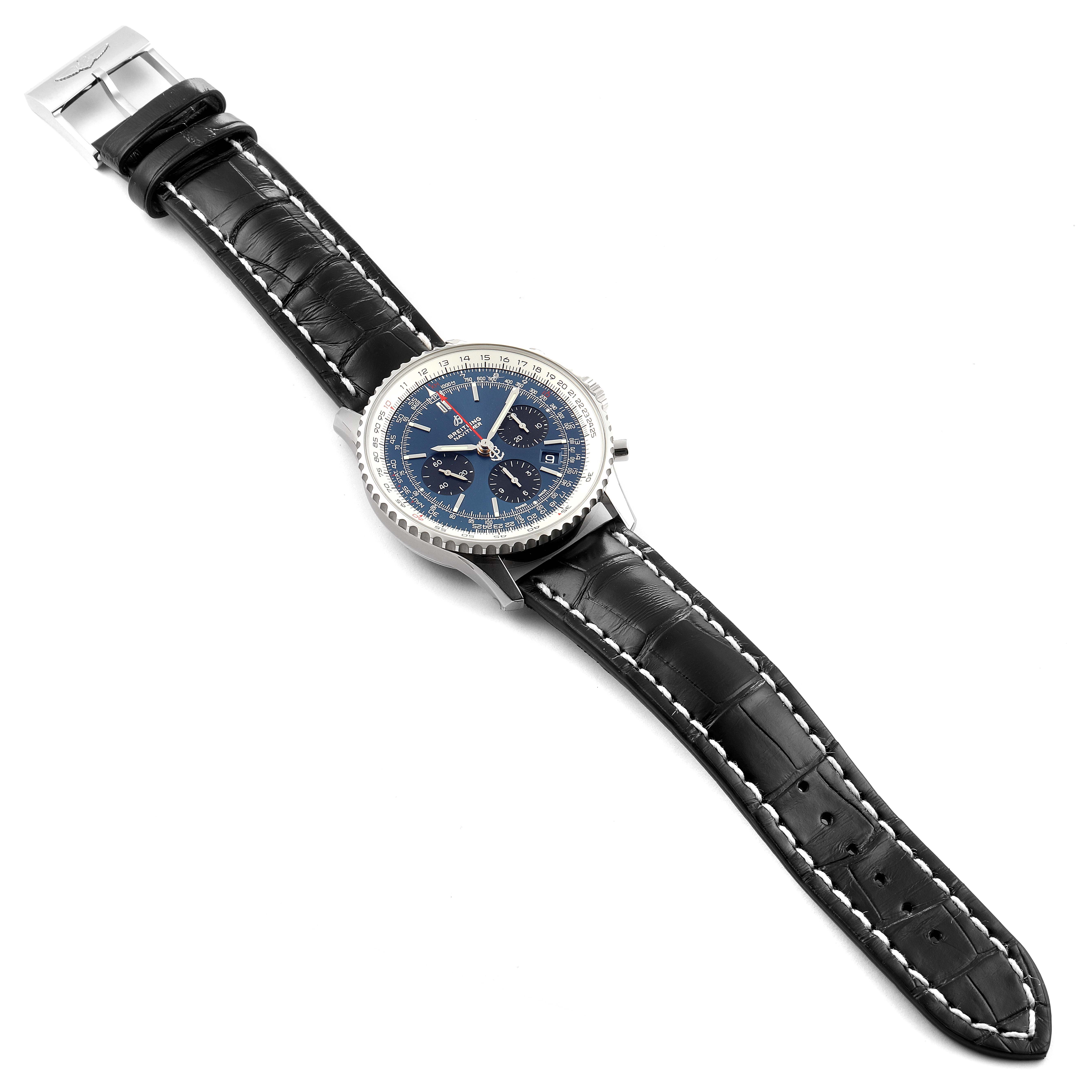 This image shows a Breitling Navitimer AB0121C4-C920-731P Men's Stainless Steel Blue Dial AB0121C4-C920-731P Men's Stainless Steel Blue Dial watch from a top-down angle, showcasing the face, bezel, crown, and leather strap.