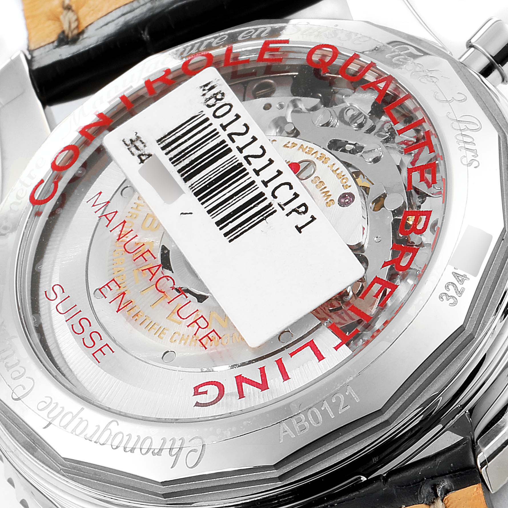 The image shows the back case of a Breitling Navitimer AB0121C4-C920-731P Men's Stainless Steel Blue Dial AB0121C4-C920-731P Men's Stainless Steel Blue Dial watch, highlighting the movement and various engravings.