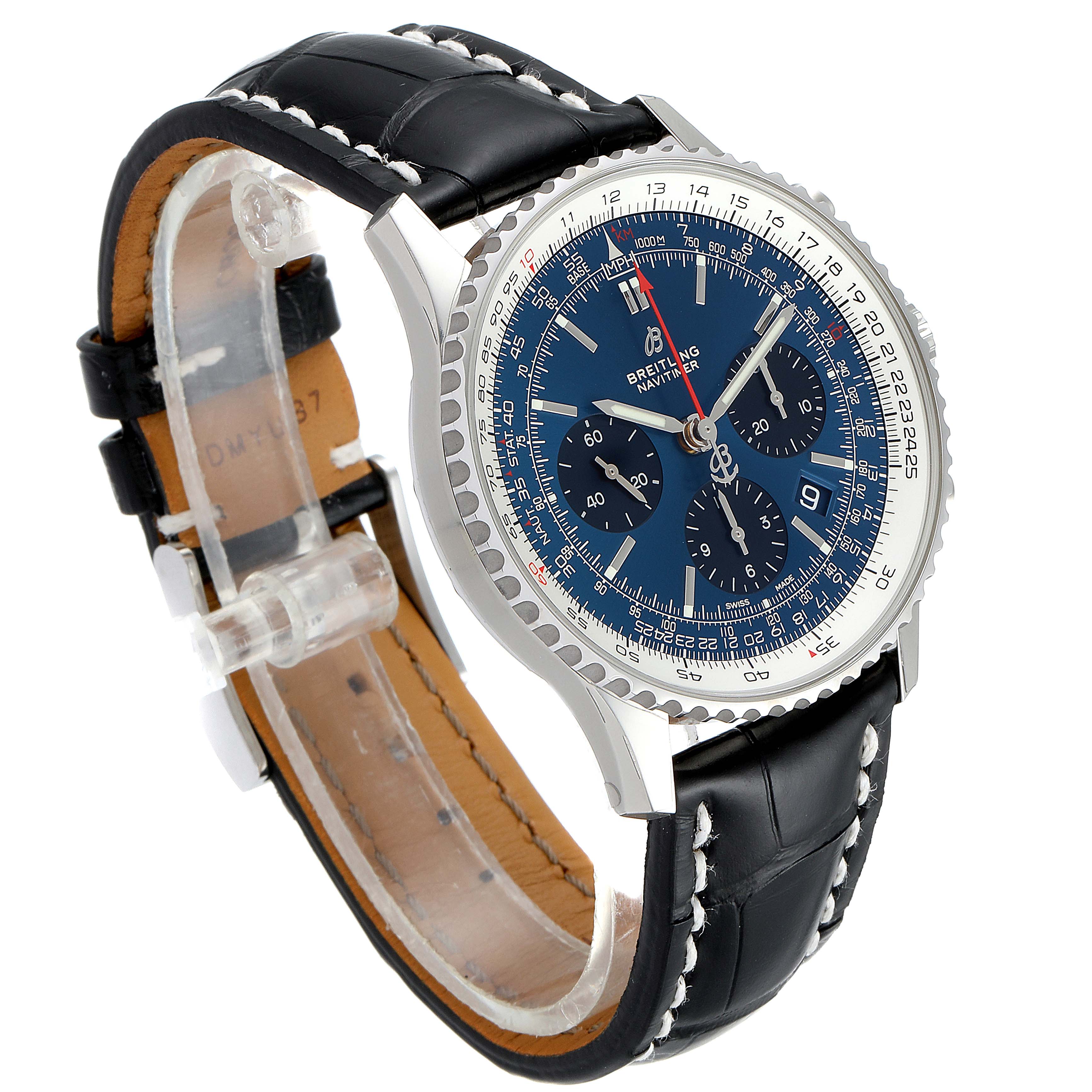 The Breitling Navitimer AB0121C4-C920-731P Men's Stainless Steel Blue Dial AB0121C4-C920-731P Men's Stainless Steel Blue Dial watch is shown at a three-quarter angle, displaying its blue dial, bezel, and black leather strap with white stitching.