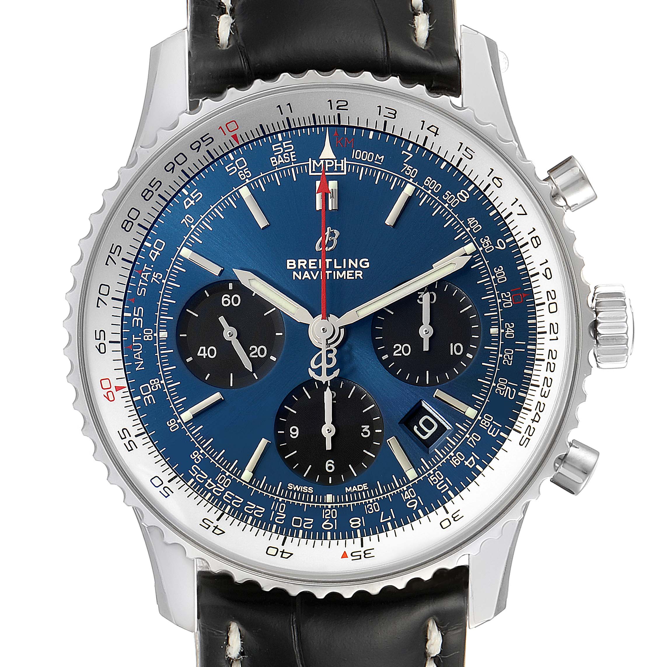 The image shows a close-up, front view of a Breitling Navitimer AB0121C4-C920-731P Men's Stainless Steel Blue Dial AB0121C4-C920-731P Men's Stainless Steel Blue Dial watch, featuring its blue dial, sub-dials, and black leather strap.
