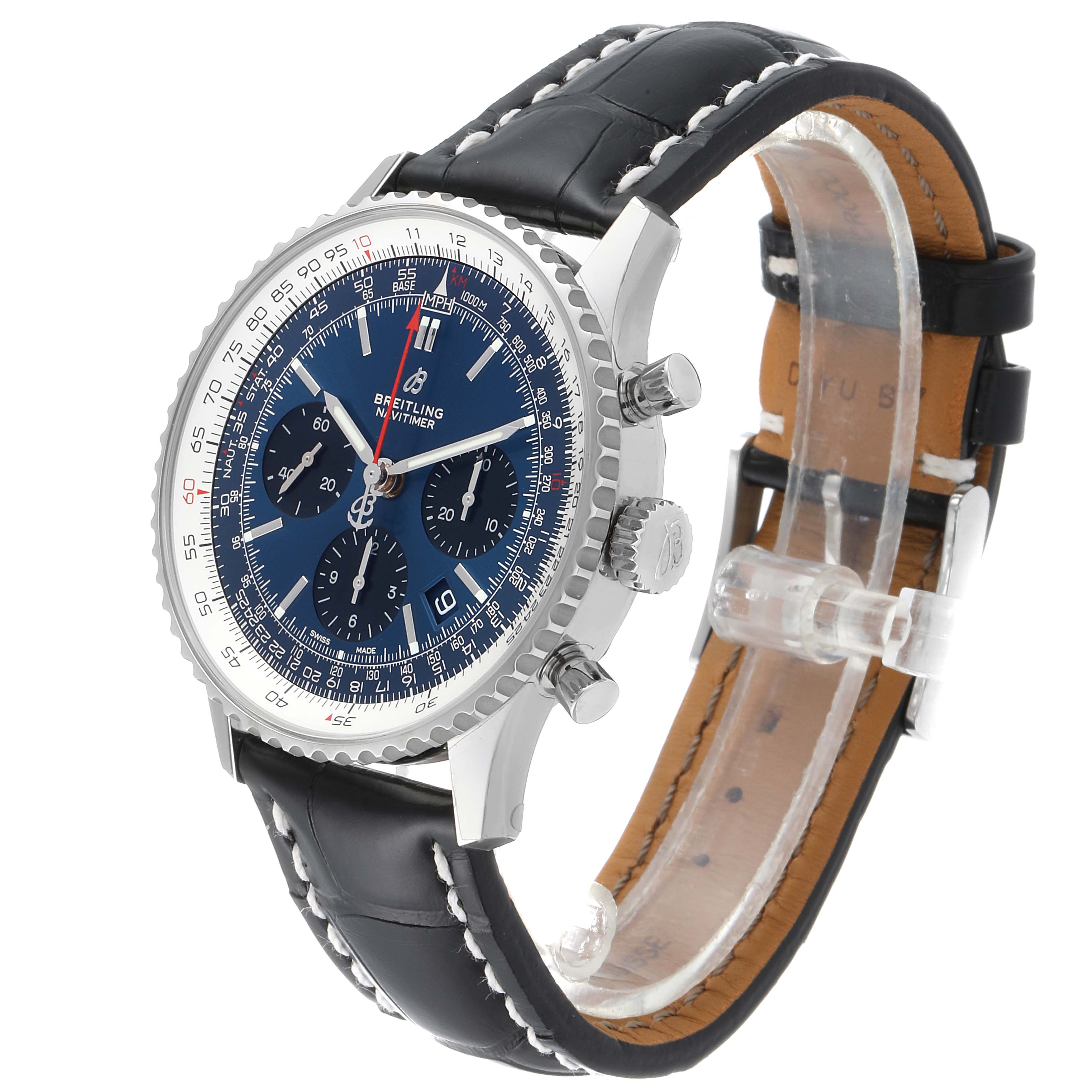 The Breitling Navitimer AB0121C4-C920-731P Men's Stainless Steel Blue Dial AB0121C4-C920-731P Men's Stainless Steel Blue Dial watch is shown from an oblique angle, highlighting the face, crown, pushers, and leather strap.