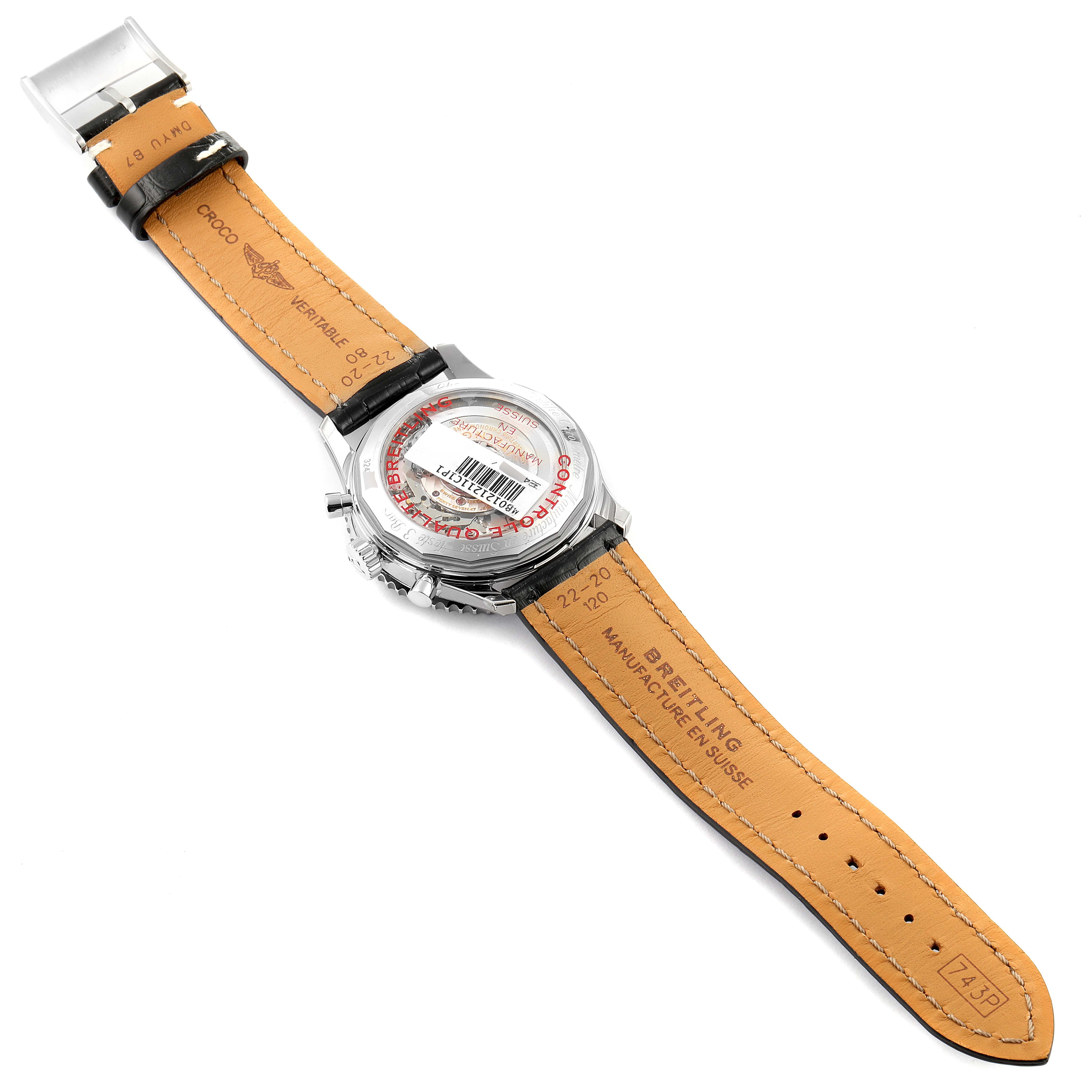 The Breitling Navitimer AB0121C4-C920-731P Men's Stainless Steel Blue Dial AB0121C4-C920-731P Men's Stainless Steel Blue Dial watch is shown from the back with the leather strap open, revealing the case back and strap details.