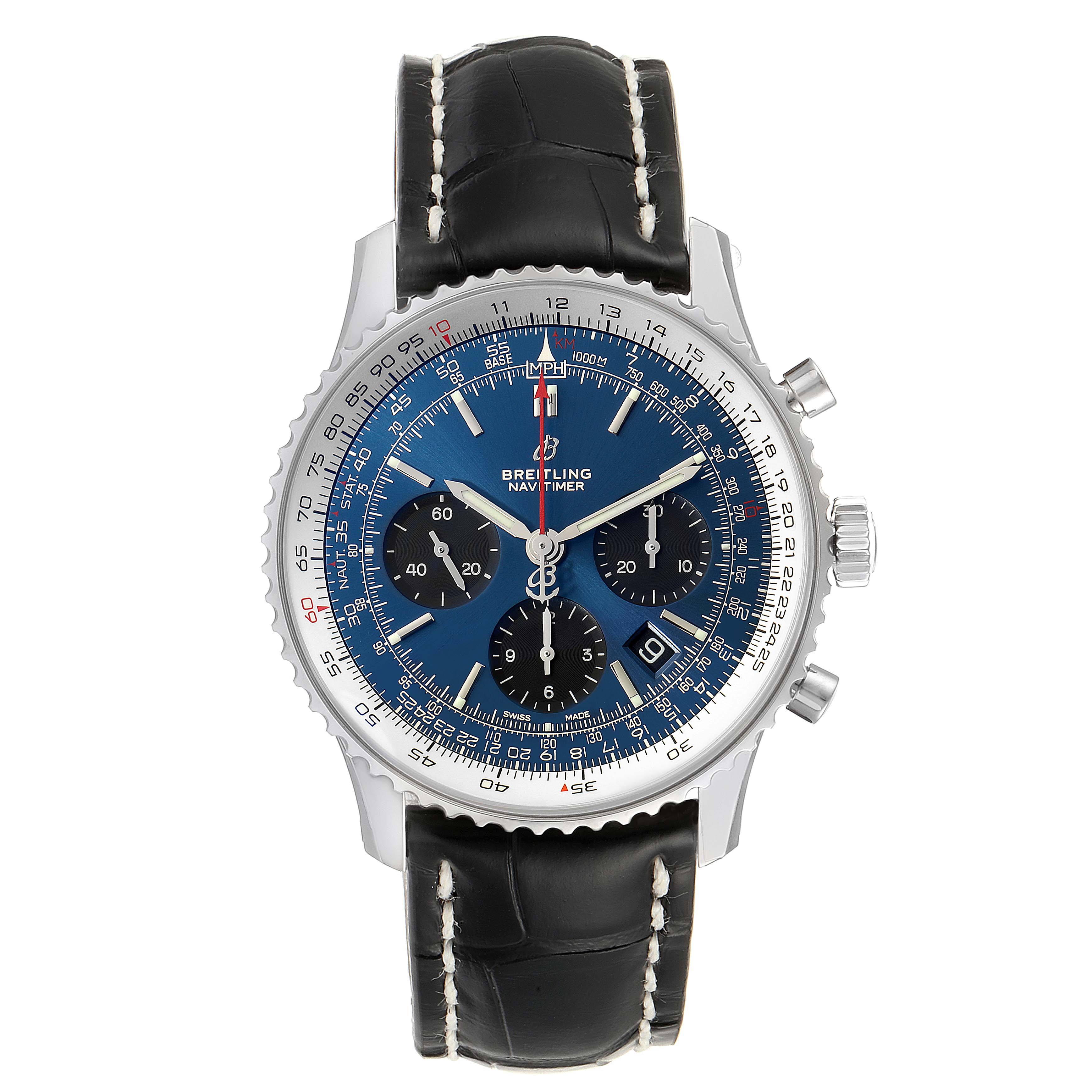 This image shows a front view of the Breitling Navitimer AB0121C4-C920-731P Men's Stainless Steel Blue Dial AB0121C4-C920-731P Men's Stainless Steel Blue Dial watch featuring a blue dial and a black leather strap.