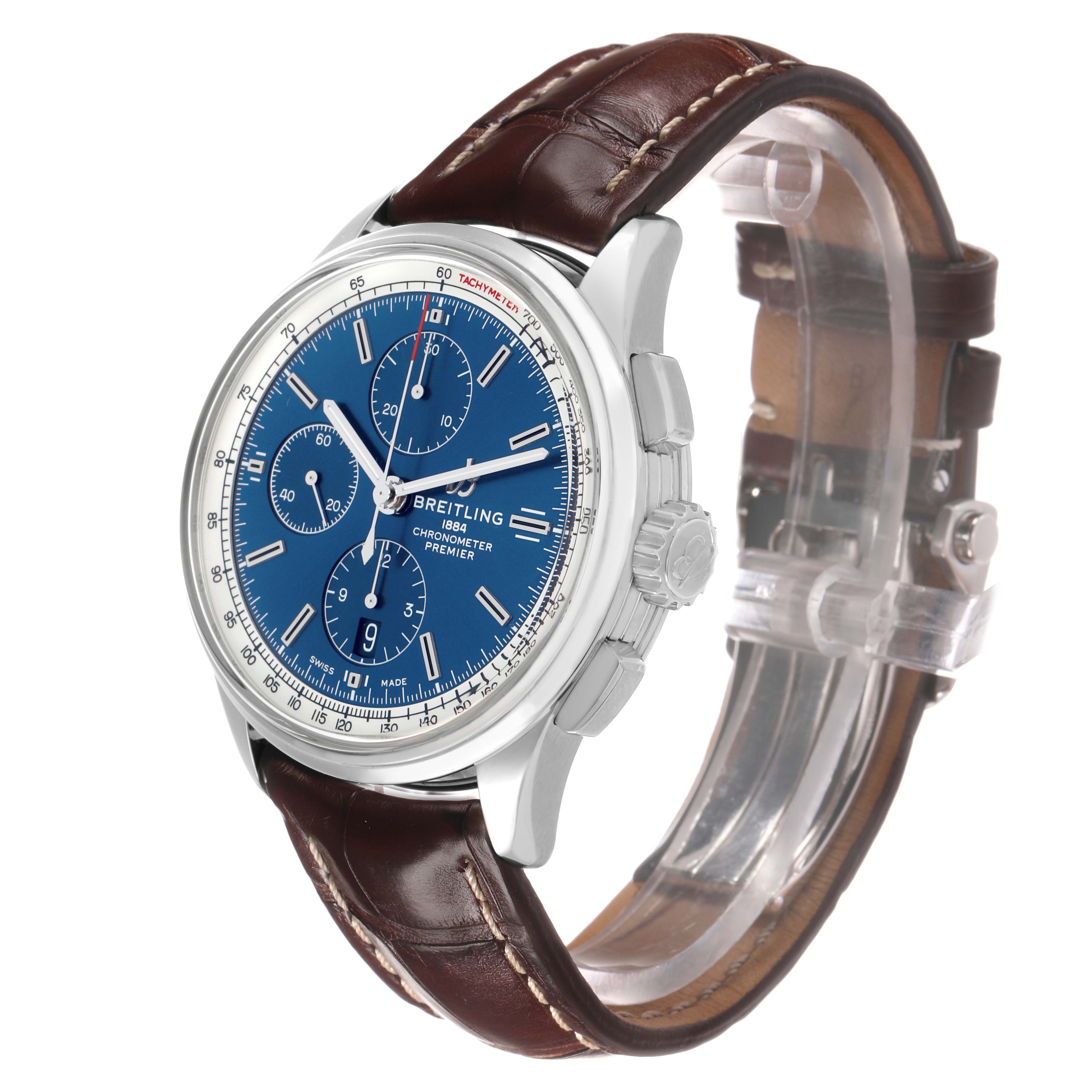 The Breitling Premier A13315 Men's Stainless Steel Blue Dial watch is shown at a three-quarter angle, highlighting the blue dial, chronograph subdials, and brown leather strap.