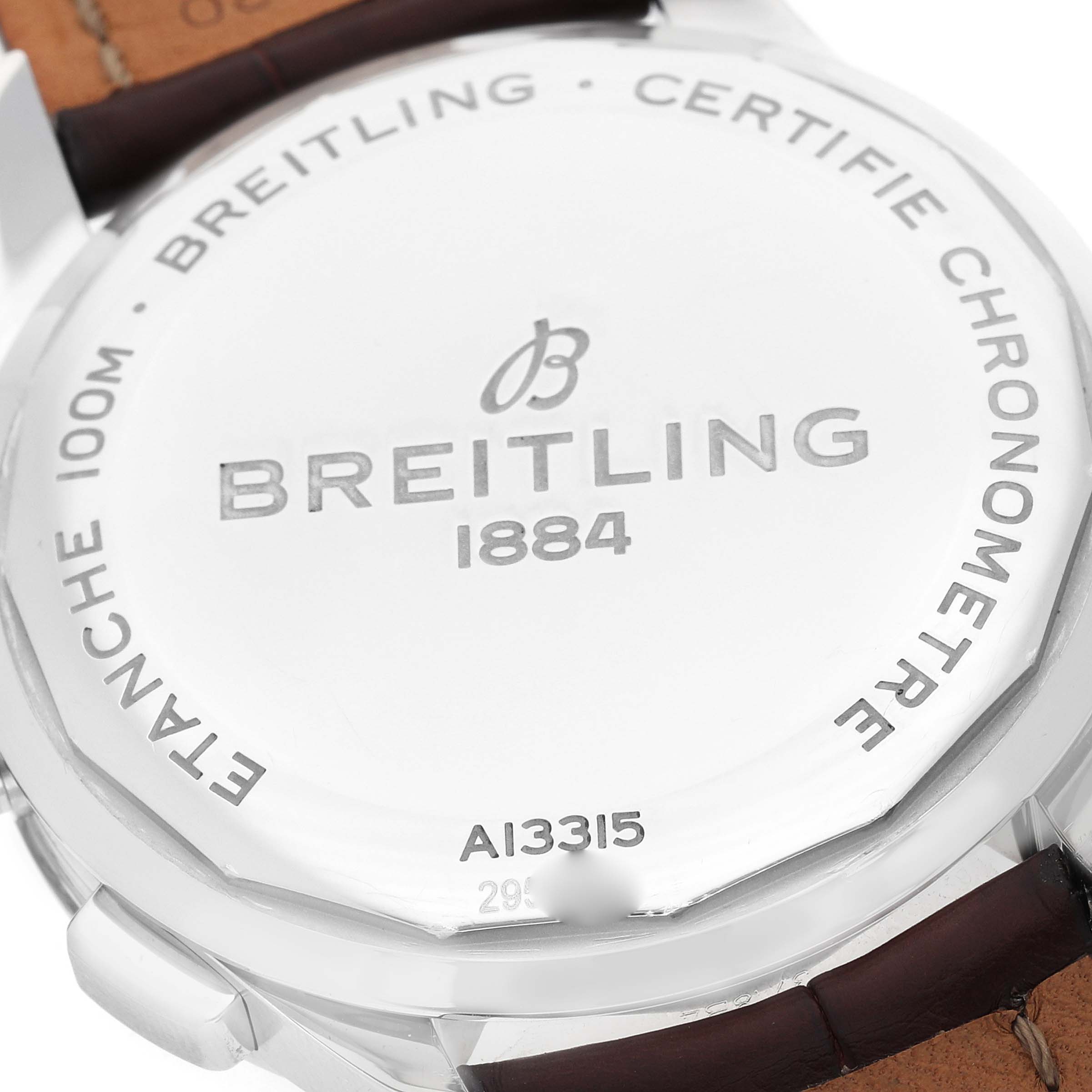 The image shows the back of the Breitling Premier A13315 Men's Stainless Steel Blue Dial watch, highlighting the brand name and model details.