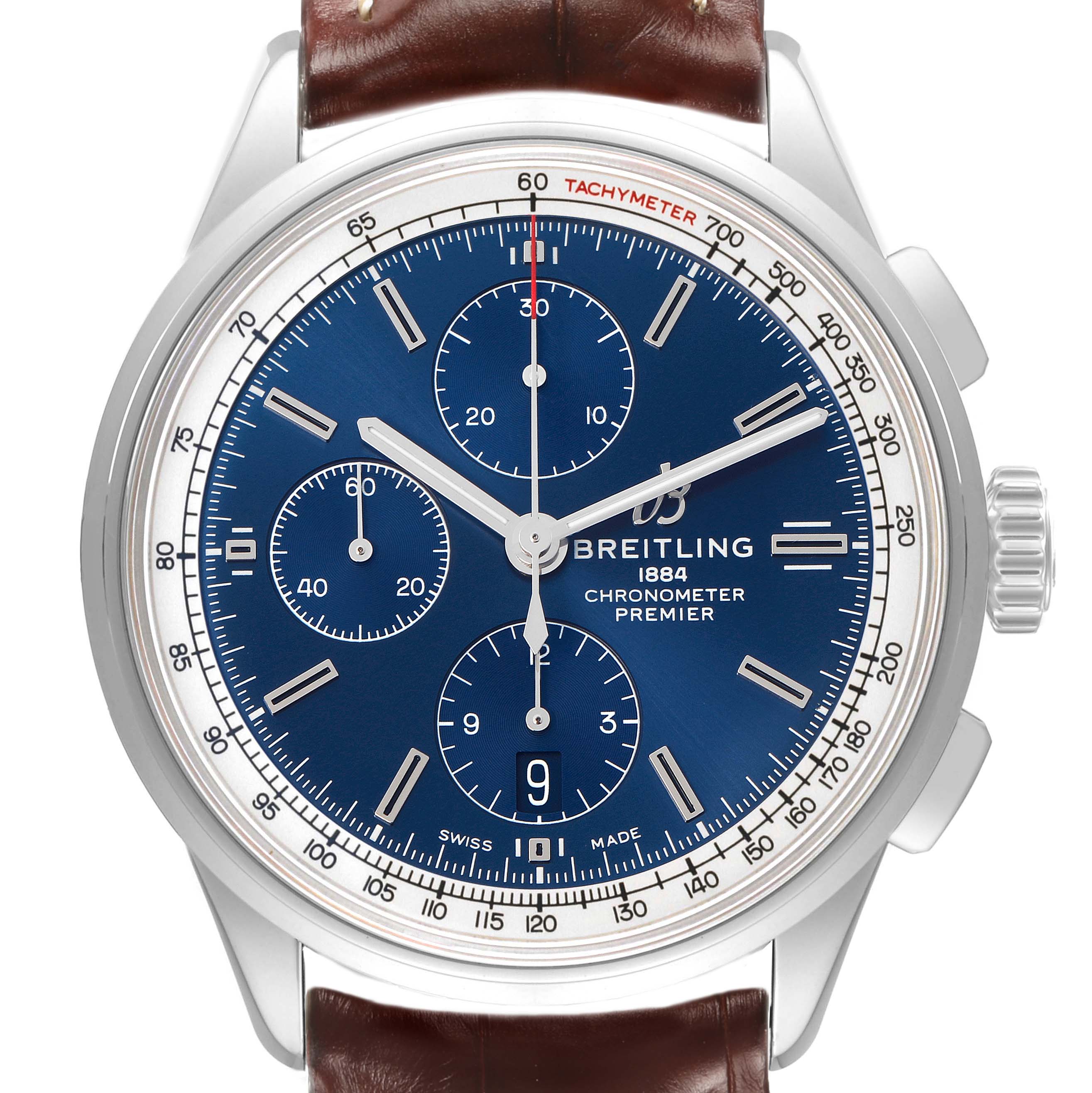 The Breitling Premier A13315 Men's Stainless Steel Blue Dial watch is shown from a front angle, displaying its blue dial, chronograph subdials, tachymeter scale, and brown leather strap.