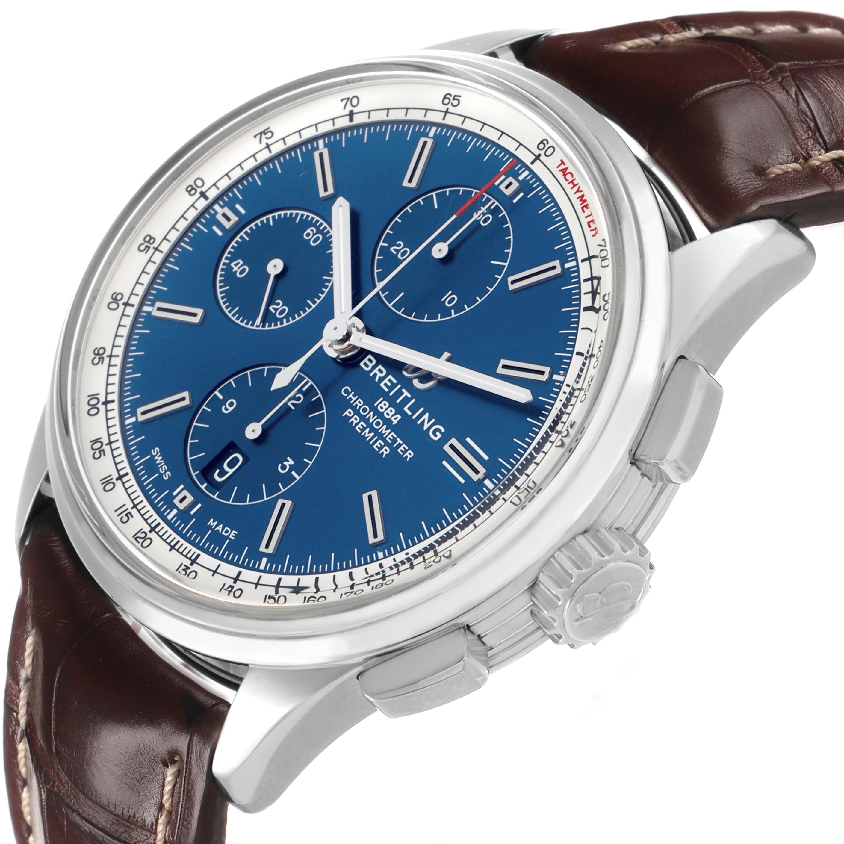 The Breitling Premier A13315 Men's Stainless Steel Blue Dial watch is shown at an angle highlighting the blue dial, subdials, and brown leather strap.