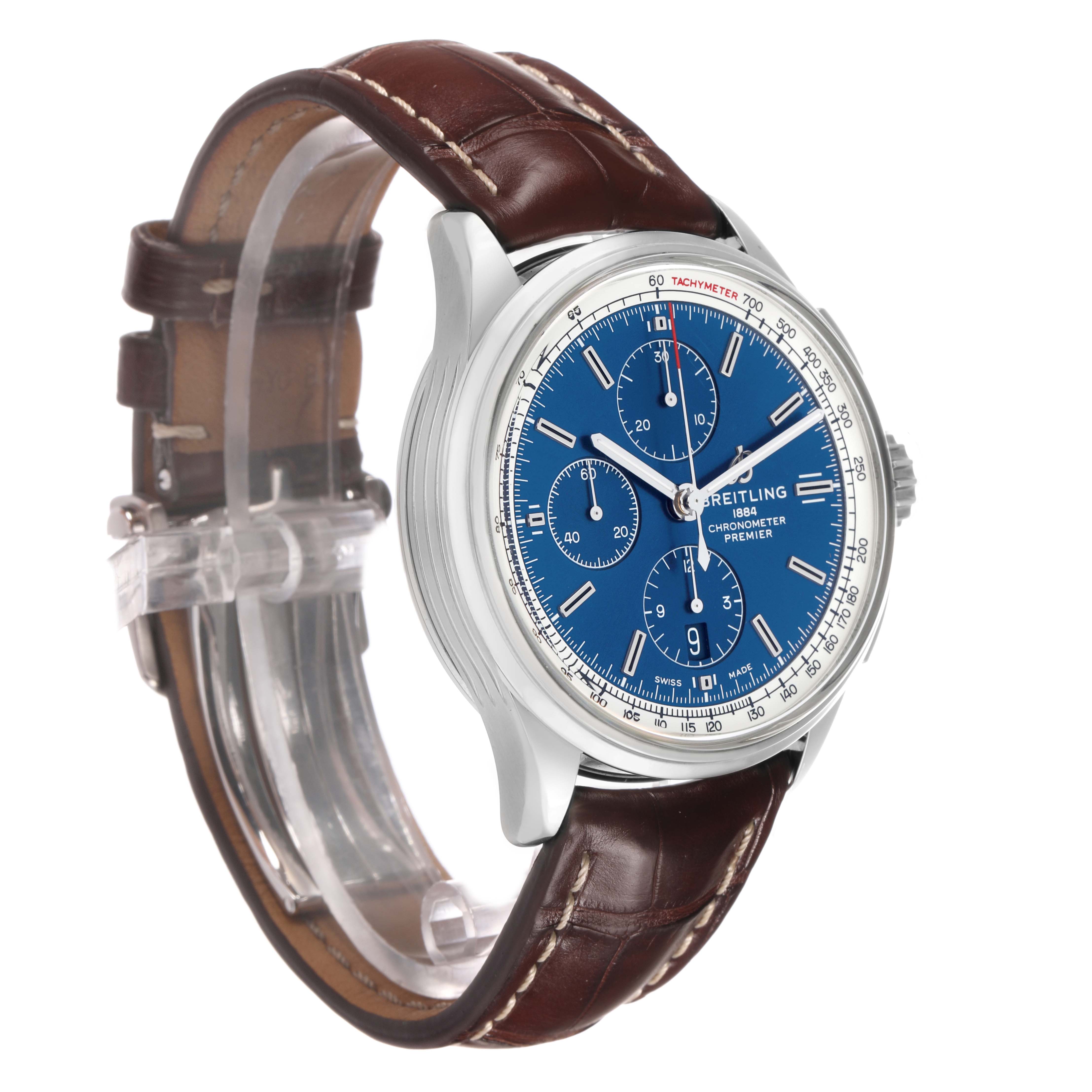 The Breitling Premier A13315 Men's Stainless Steel Blue Dial model watch is shown at an oblique angle, highlighting its blue dial, chronograph subdials, and brown leather strap.