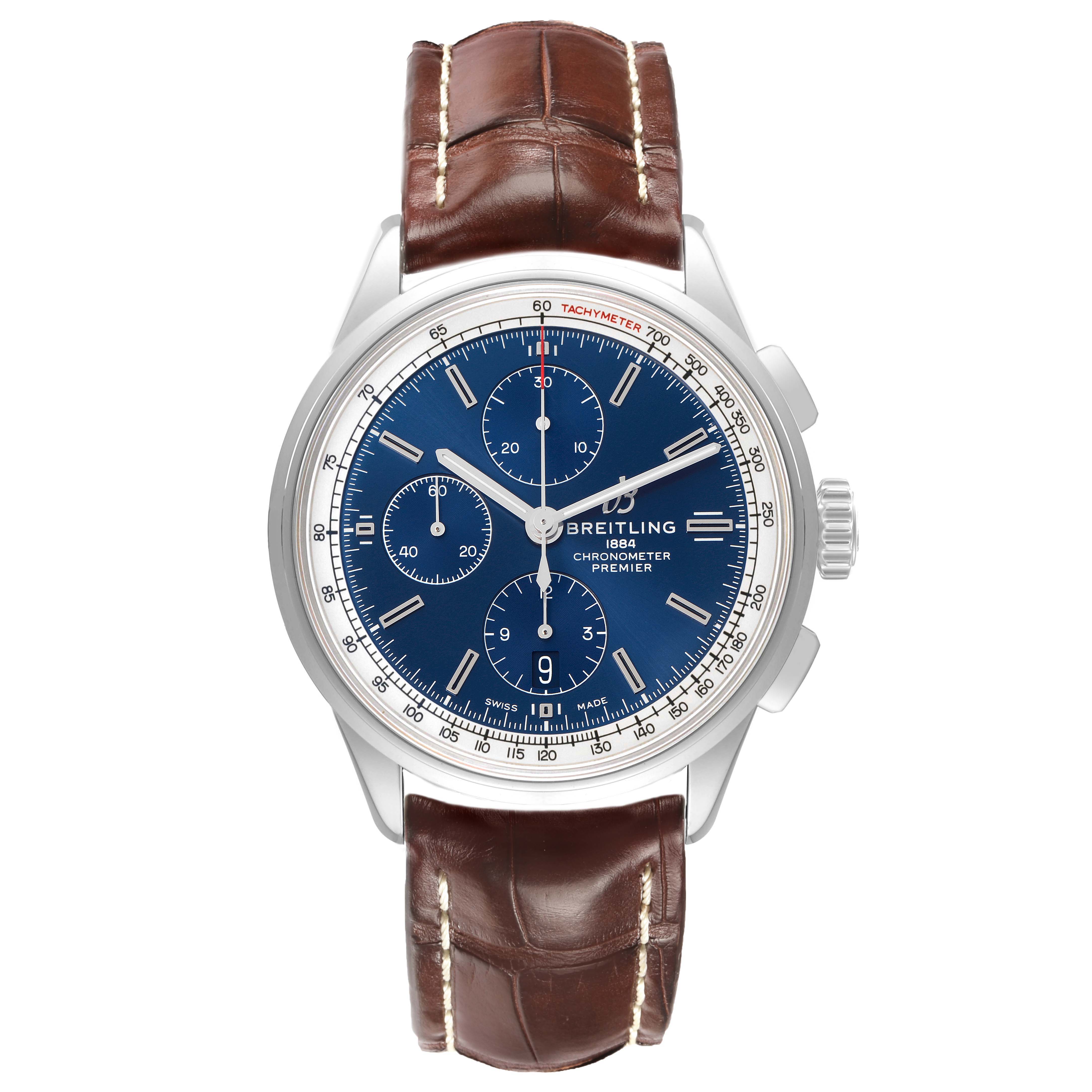 The Breitling Premier A13315 Men's Stainless Steel Blue Dial watch is shown from the front, highlighting the blue dial, chronograph subdials, and brown leather strap.