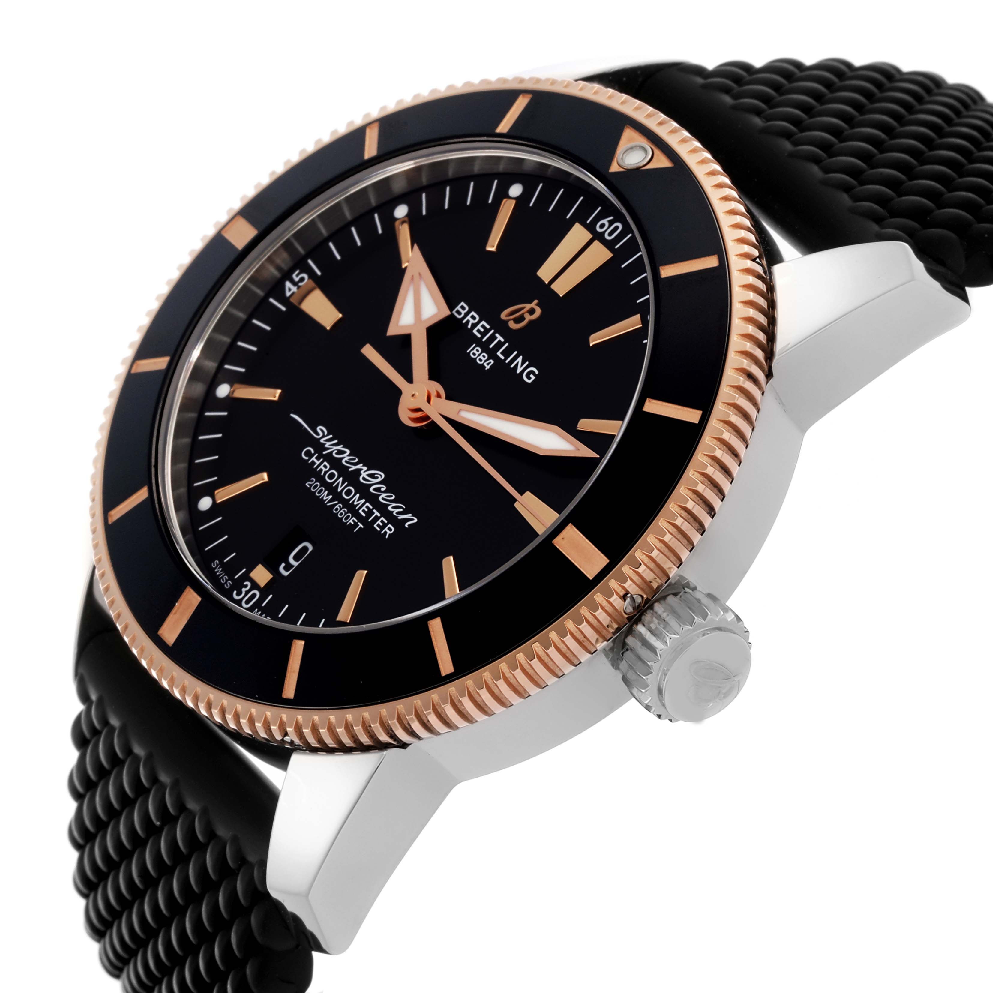 The Breitling Superocean UB2030 Men's Steel and Gold (two tone) Black Dial UB2030 Men's Steel and Gold (two tone) Black Dial watch is shown from a side angle, displaying the face, bezel, case, and part of the strap.