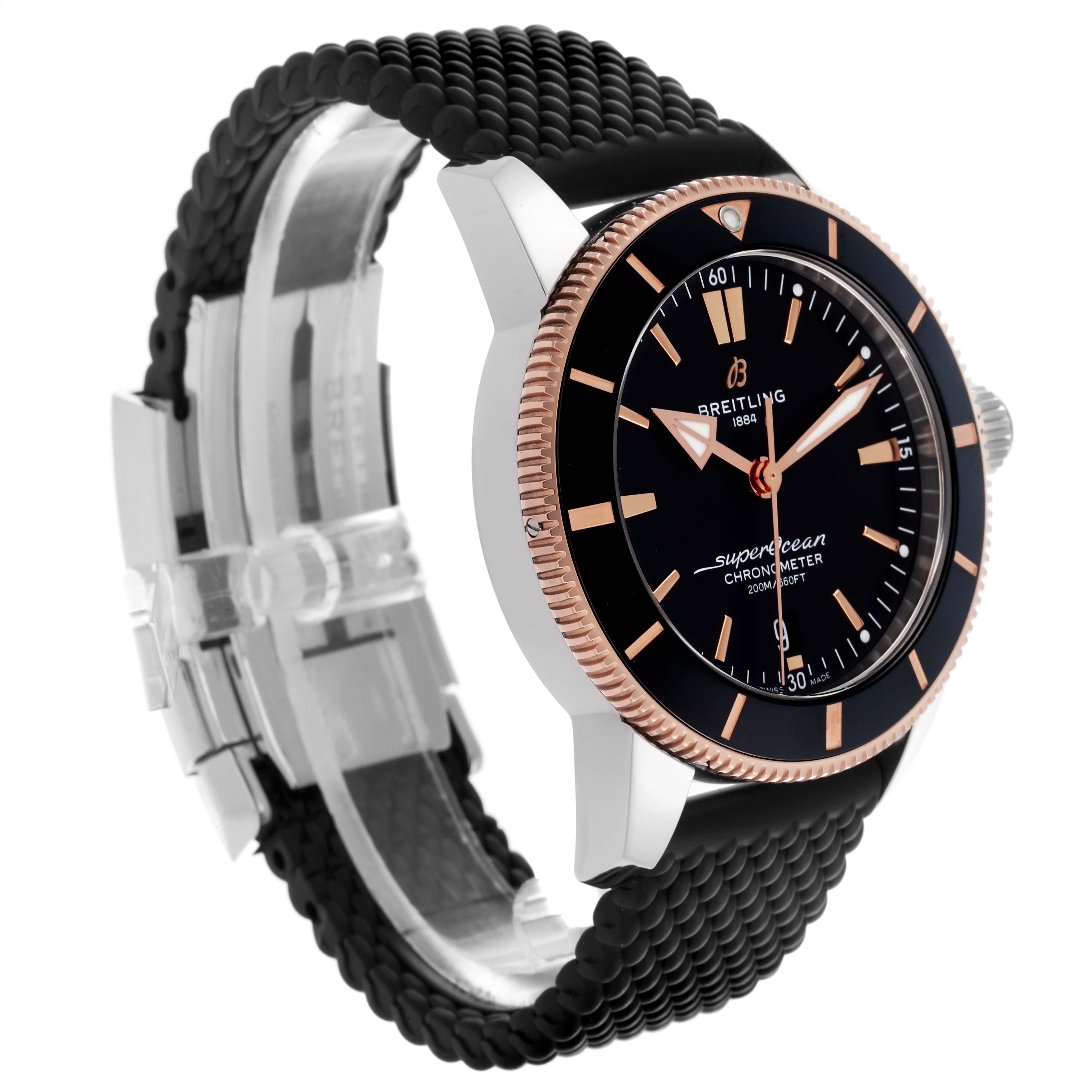 The Breitling Superocean UB2030 Men's Steel and Gold (two tone) Black Dial UB2030 Men's Steel and Gold (two tone) Black Dial watch is shown at a three-quarter angle, highlighting the dial, bezel, and part of the strap.