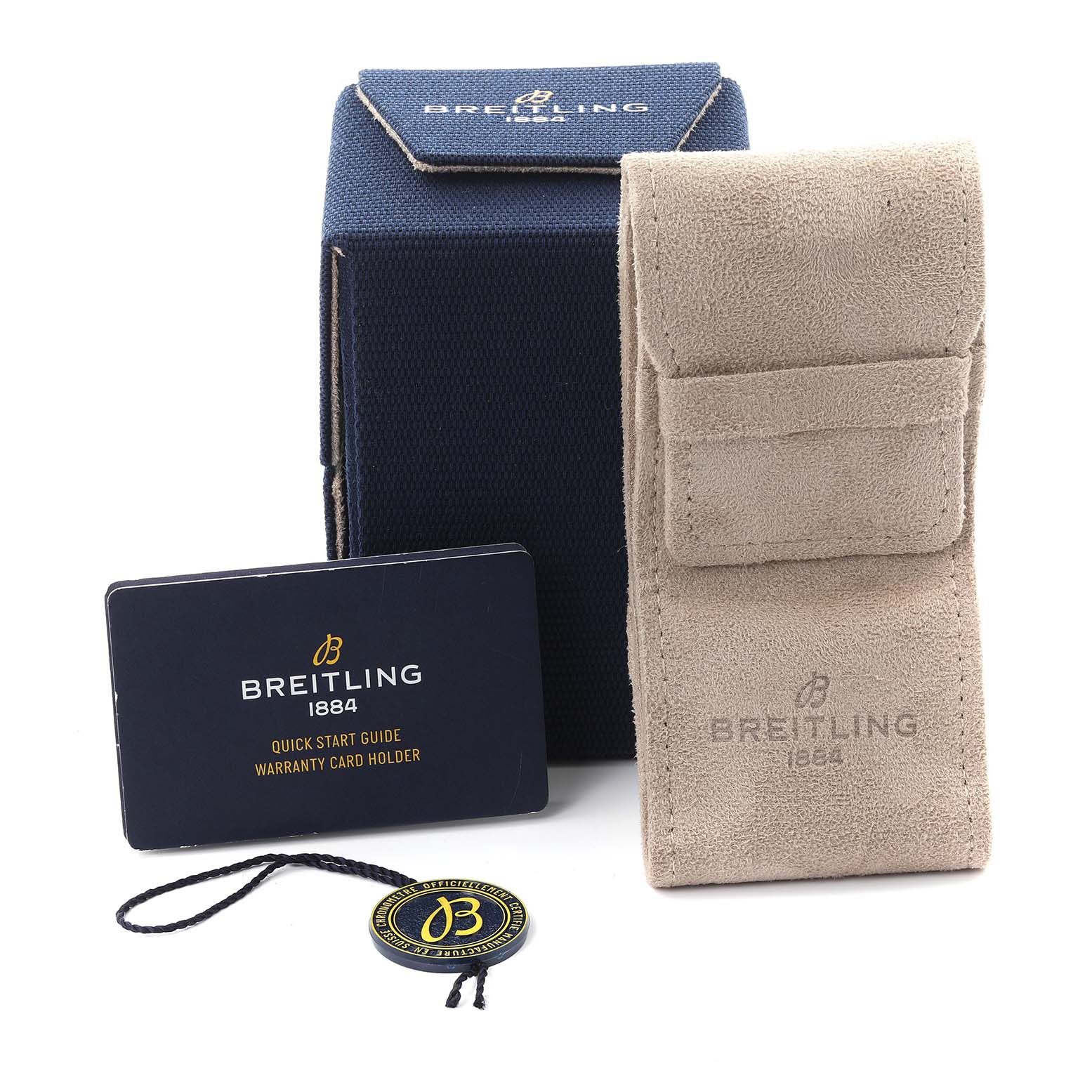 The image shows a Breitling Superocean UB2030 Men's Steel and Gold (two tone) Black Dial UB2030 Men's Steel and Gold (two tone) Black Dial watch box, travel pouch, warranty card, and tag, viewed from the front.