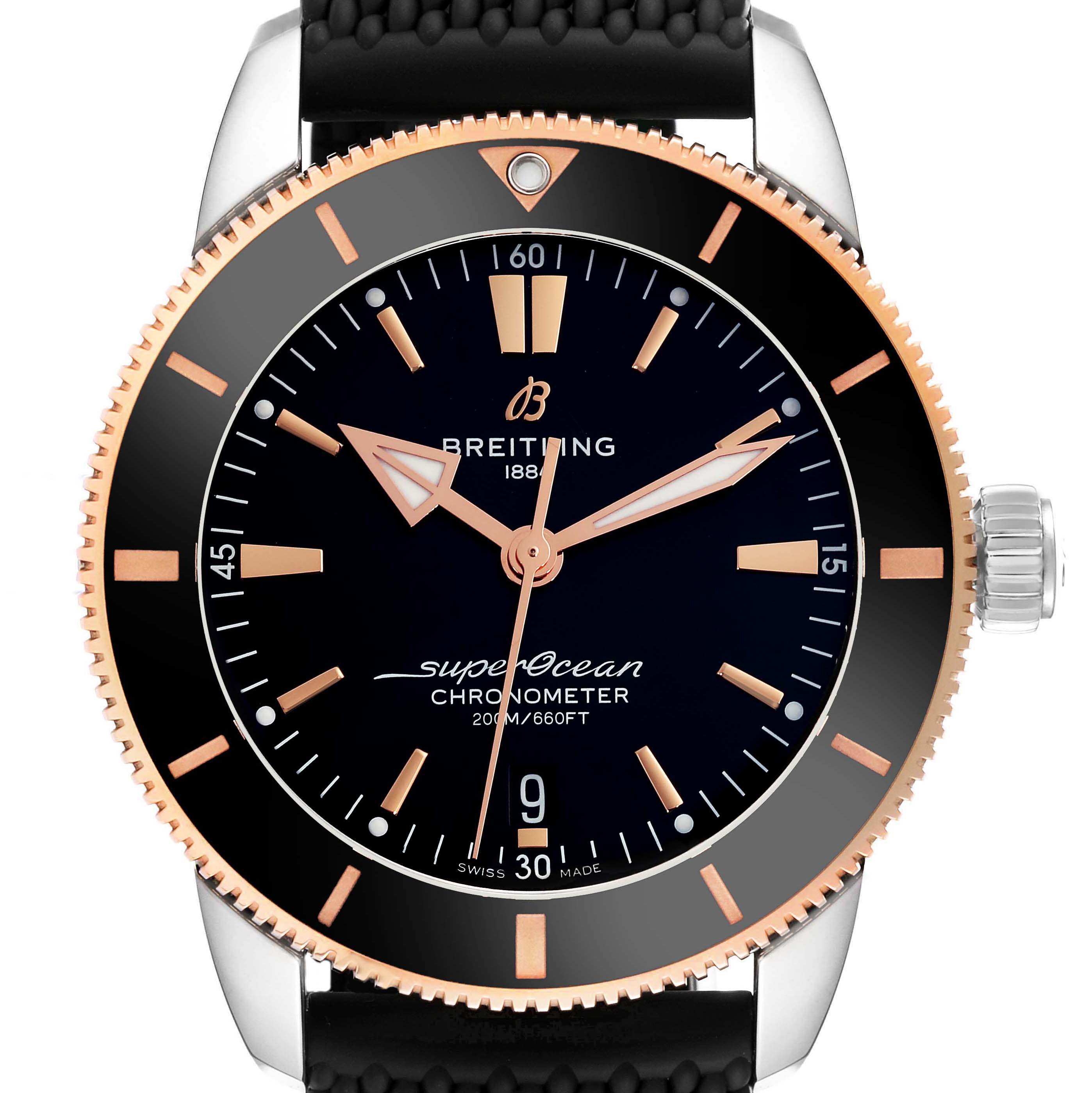The image shows a frontal view of the Breitling Superocean UB2030 Men's Steel and Gold (two tone) Black Dial UB2030 Men's Steel and Gold (two tone) Black Dial watch, displaying the dial, bezel, and crown.