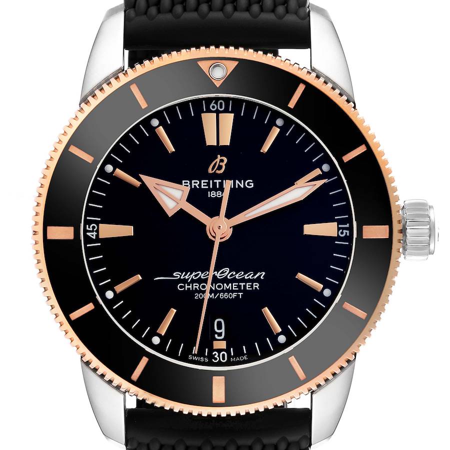 The image shows a frontal view of the Breitling Superocean watch, displaying the dial, bezel, and crown.