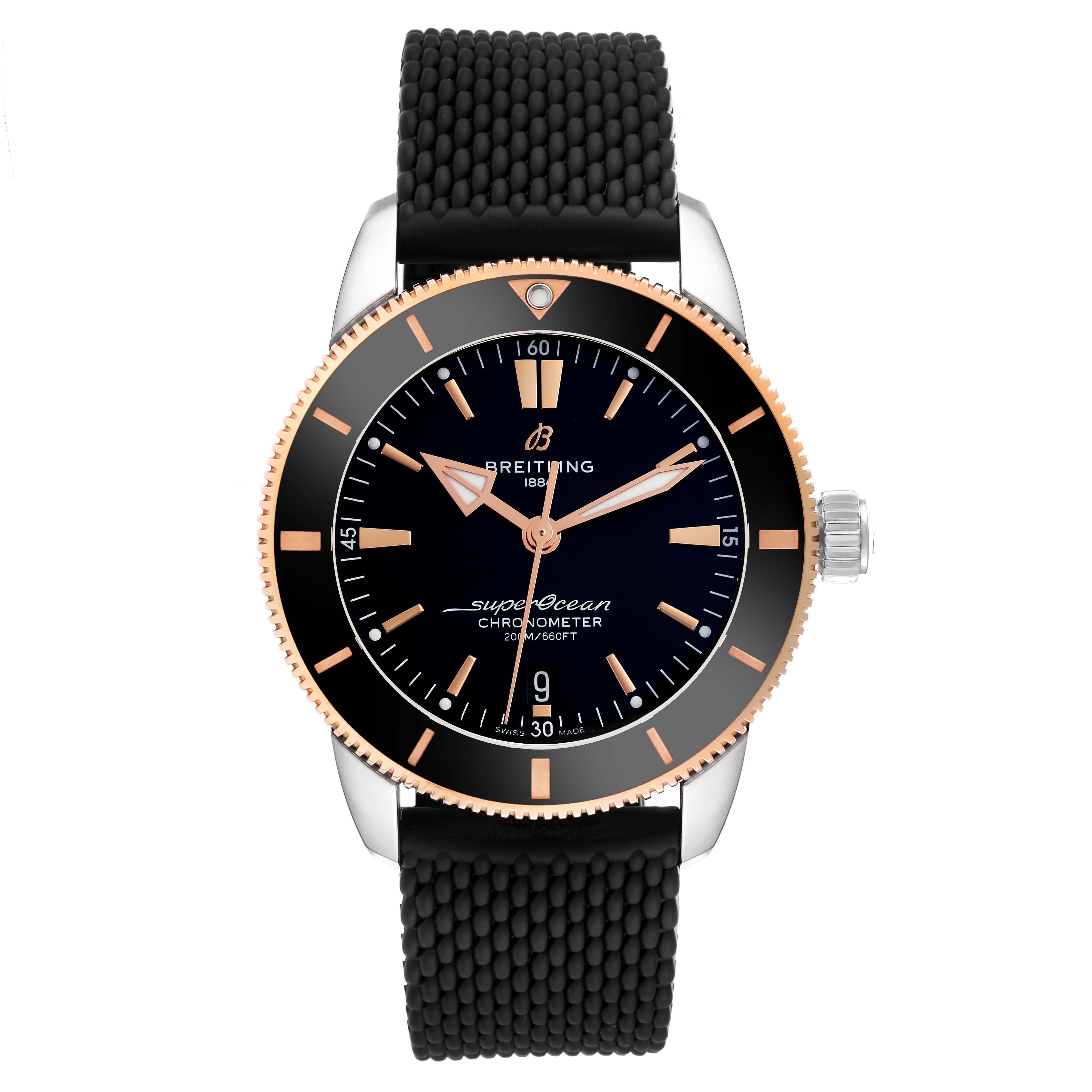 The Breitling Superocean UB2030 Men's Steel and Gold (two tone) Black Dial UB2030 Men's Steel and Gold (two tone) Black Dial watch is shown from the front, displaying the face, bezel, and strap.