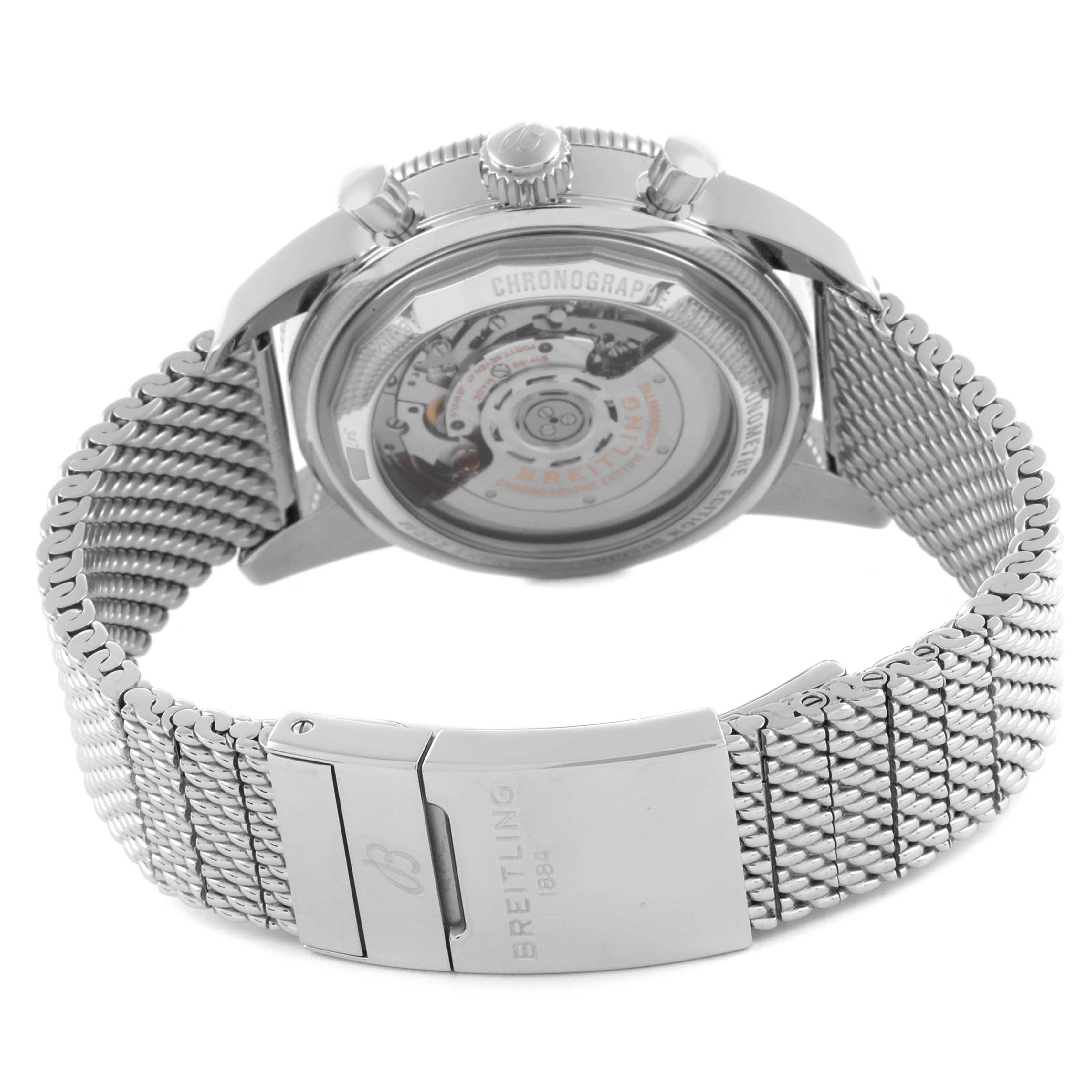 The image shows the Breitling Superocean AB0162 Men's Stainless Steel Blue Dial AB0162 Men's Stainless Steel Blue Dial's case back, crown, pushers, and detailed mesh bracelet from a rear angle.