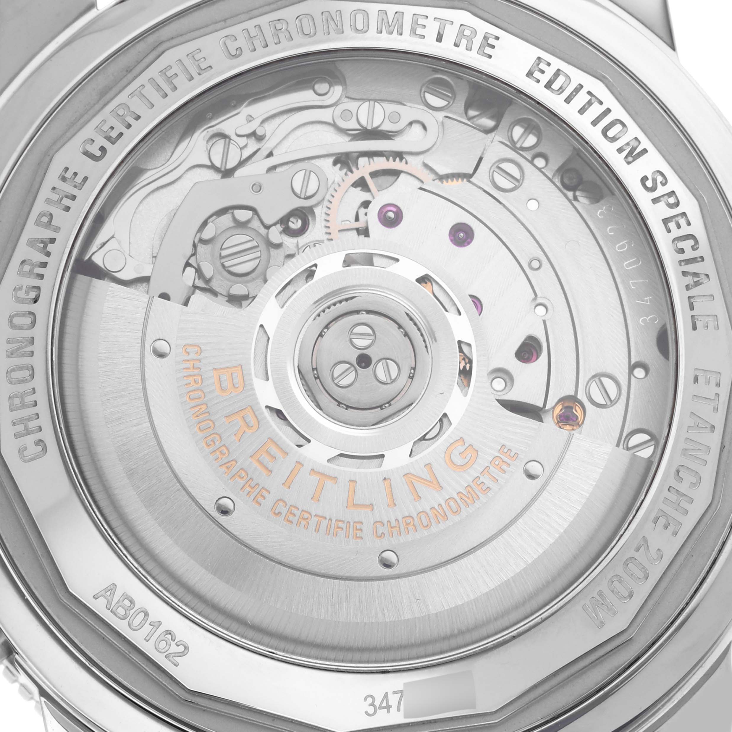 The image shows the back view of a Breitling Superocean AB0162 Men's Stainless Steel Blue Dial AB0162 Men's Stainless Steel Blue Dial watch, revealing the intricate inner mechanics and engravings.