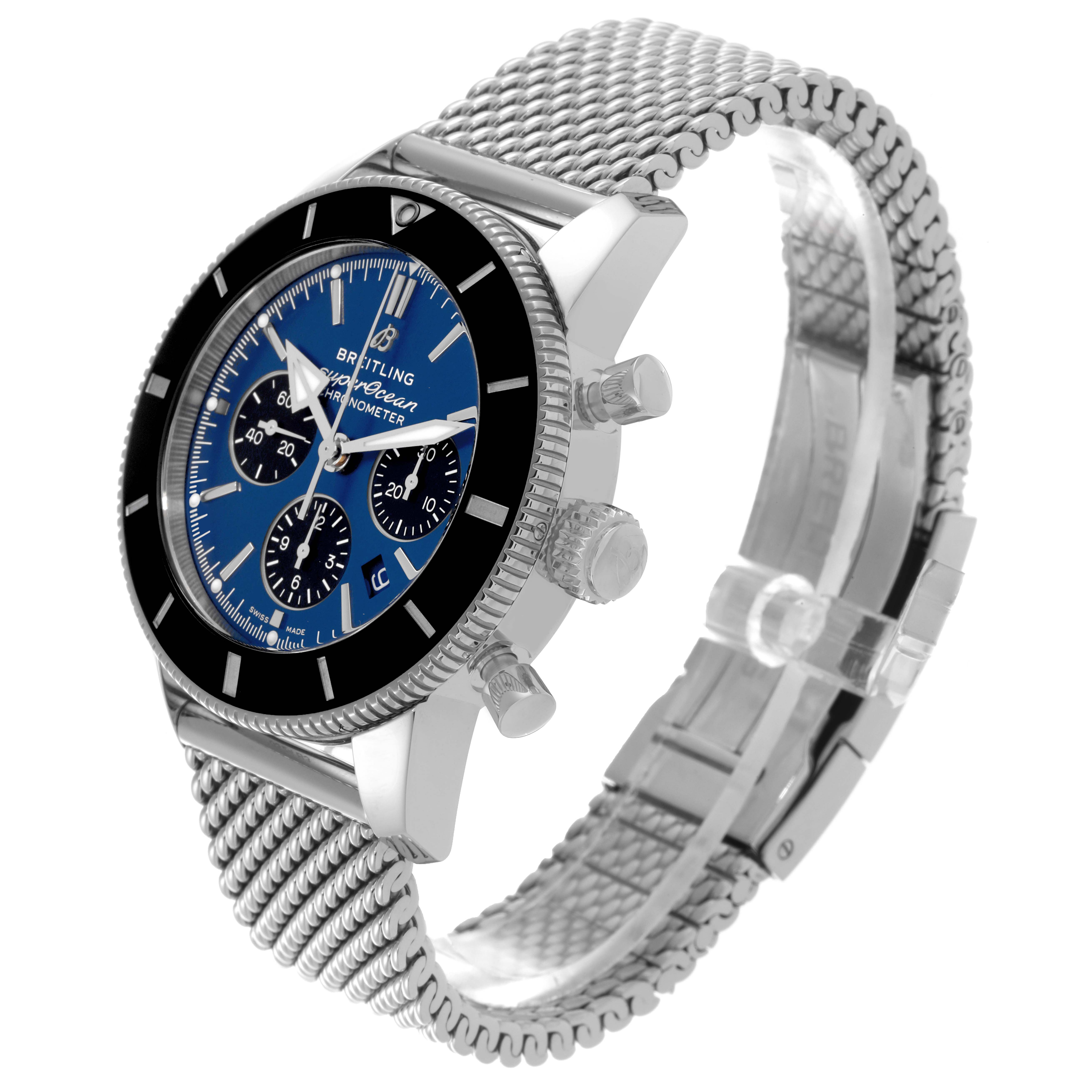 The Breitling Superocean AB0162 Men's Stainless Steel Blue Dial AB0162 Men's Stainless Steel Blue Dial watch is shown at an angled view, highlighting the dial, bezel, crown, pushers, and mesh bracelet.