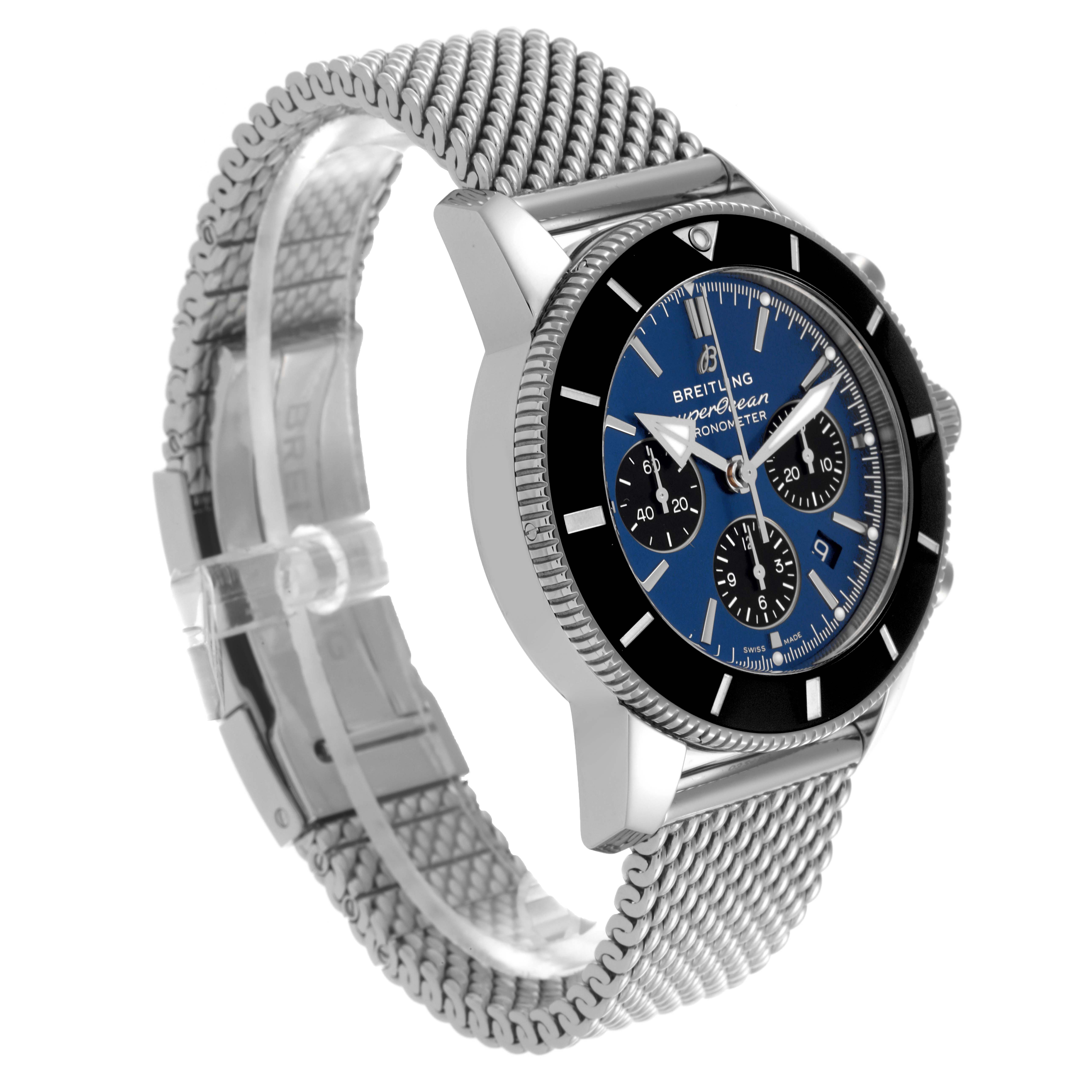 The Breitling Superocean AB0162 Men's Stainless Steel Blue Dial AB0162 Men's Stainless Steel Blue Dial watch is shown at a three-quarter angle, displaying the face, bezel, and mesh strap.