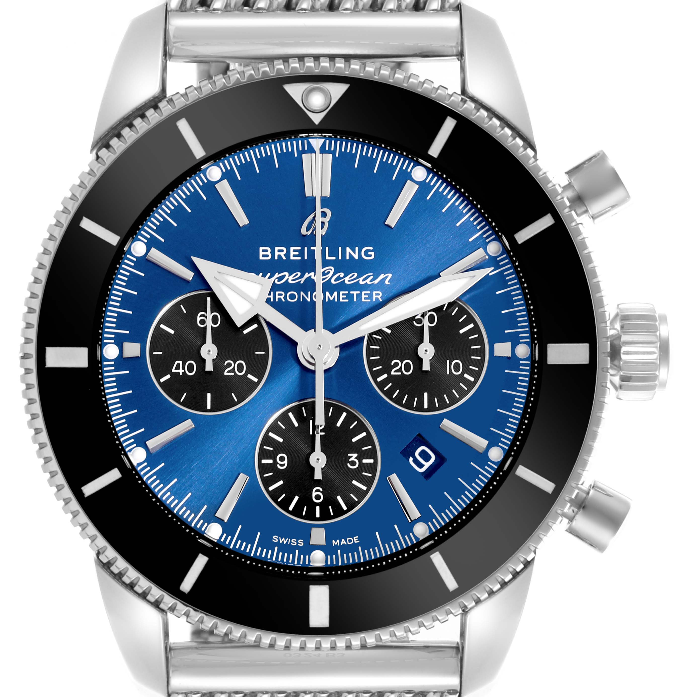 The Breitling Superocean AB0162 Men's Stainless Steel Blue Dial AB0162 Men's Stainless Steel Blue Dial watch is shown from the front, displaying its blue dial, subdials, and bezel.