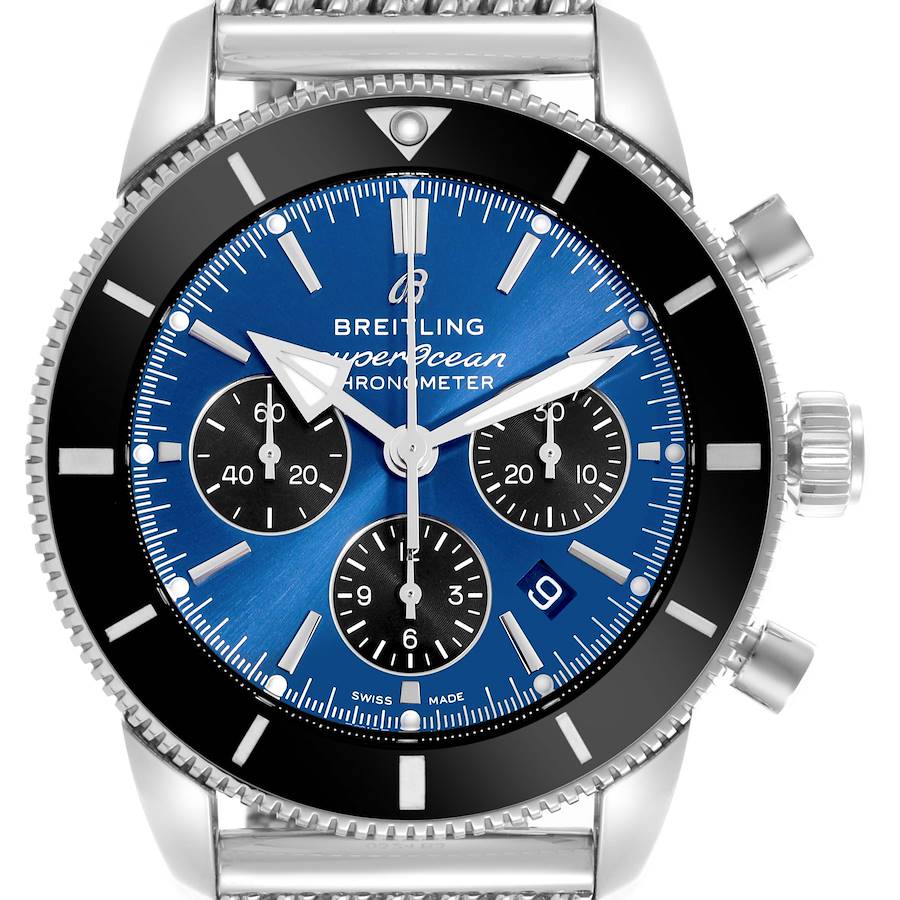 The Breitling Superocean watch is shown from the front, displaying its blue dial, subdials, and bezel.