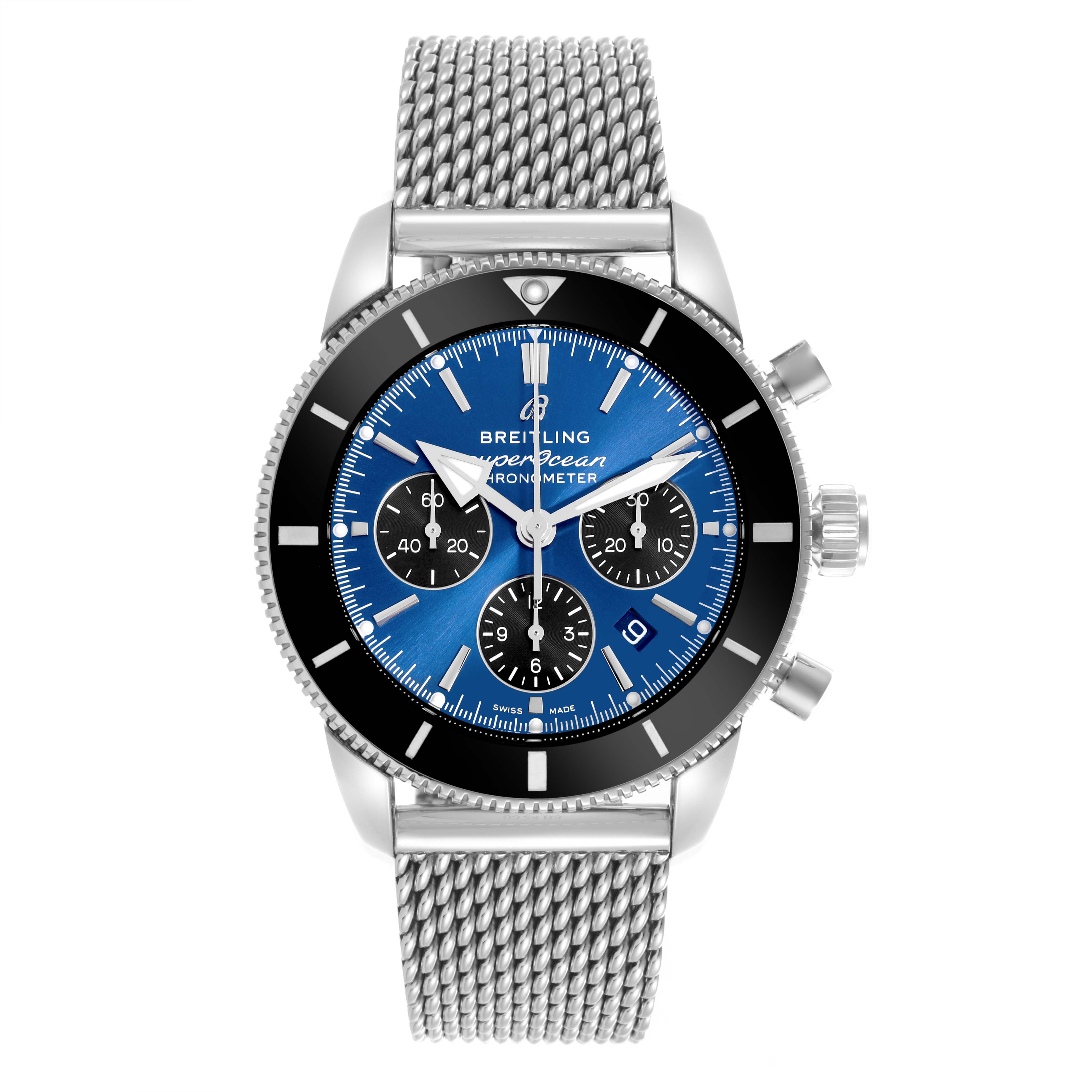 The Breitling Superocean AB0162 Men's Stainless Steel Blue Dial AB0162 Men's Stainless Steel Blue Dial watch is shown from the front, displaying the blue dial, bezel, chronograph subdials, and mesh strap.