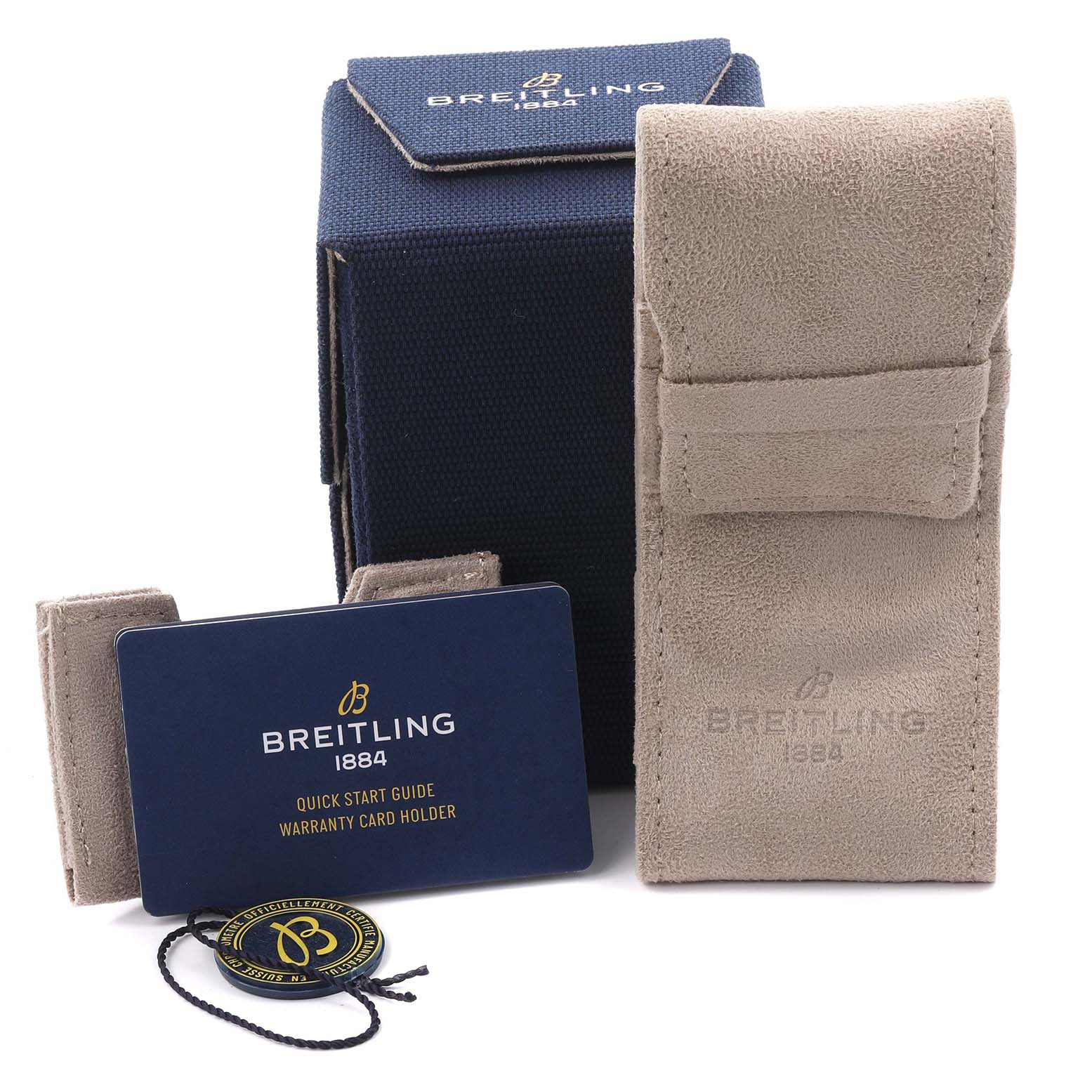 The image shows accessories for a Breitling Superocean AB0162 Men's Stainless Steel Blue Dial AB0162 Men's Stainless Steel Blue Dial watch, including a box, cardholder, and travel pouch.