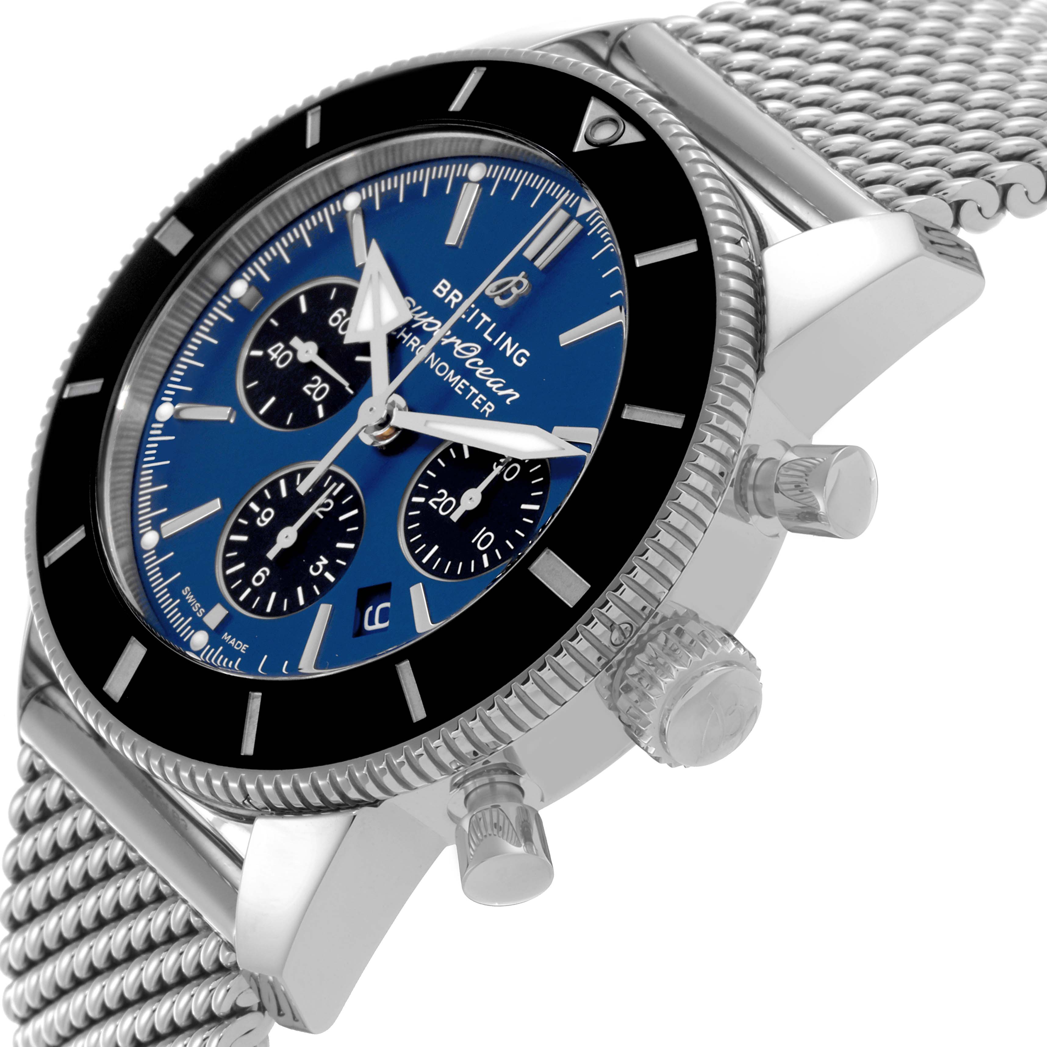 The Breitling Superocean AB0162 Men's Stainless Steel Blue Dial AB0162 Men's Stainless Steel Blue Dial is shown at a slight angle, highlighting the blue dial, bezel, pushers, and mesh bracelet.