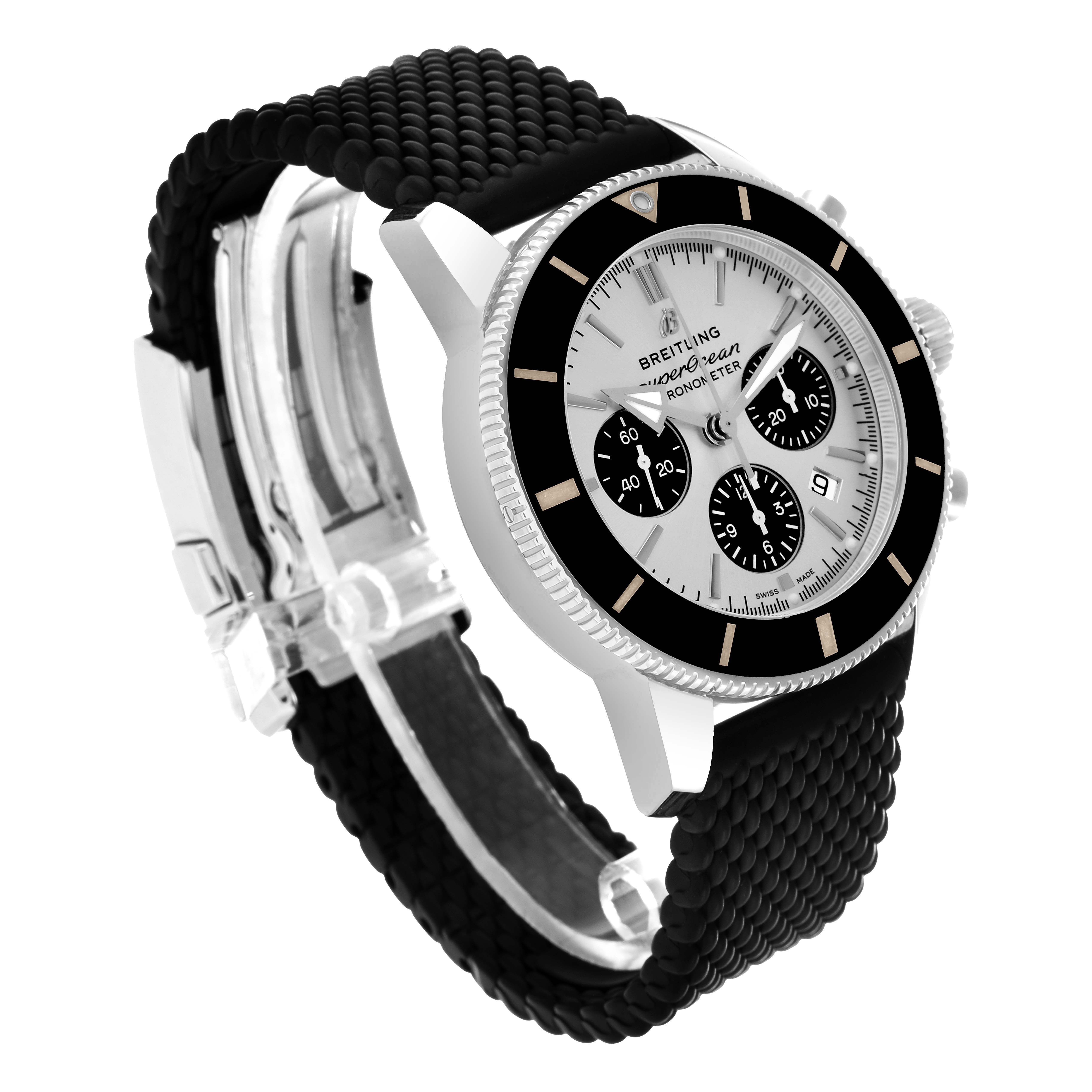 The Breitling Superocean AB0162 Men's Stainless Steel Silver Dial watch is shown at a three-quarter angle, highlighting the bezel, dial, subdials, and mesh strap.