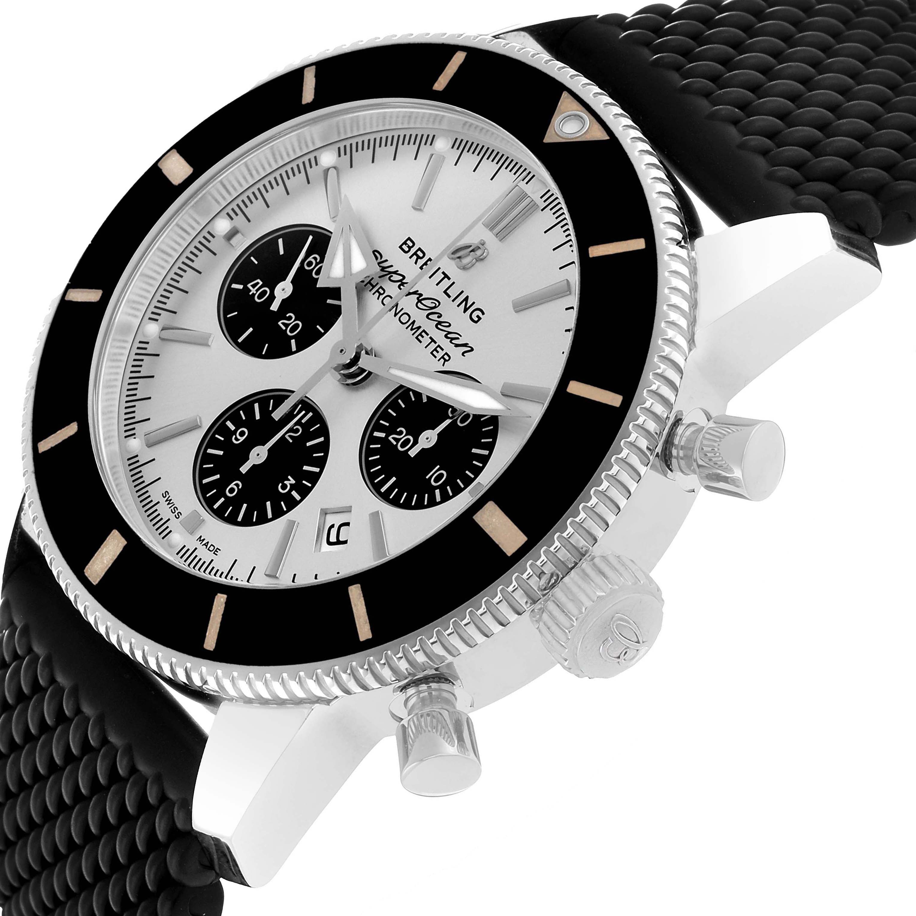 The Breitling Superocean AB0162 Men's Stainless Steel Silver Dial watch is shown at an angled side view, highlighting the bezel, crown, pushers, and dial with subdials.